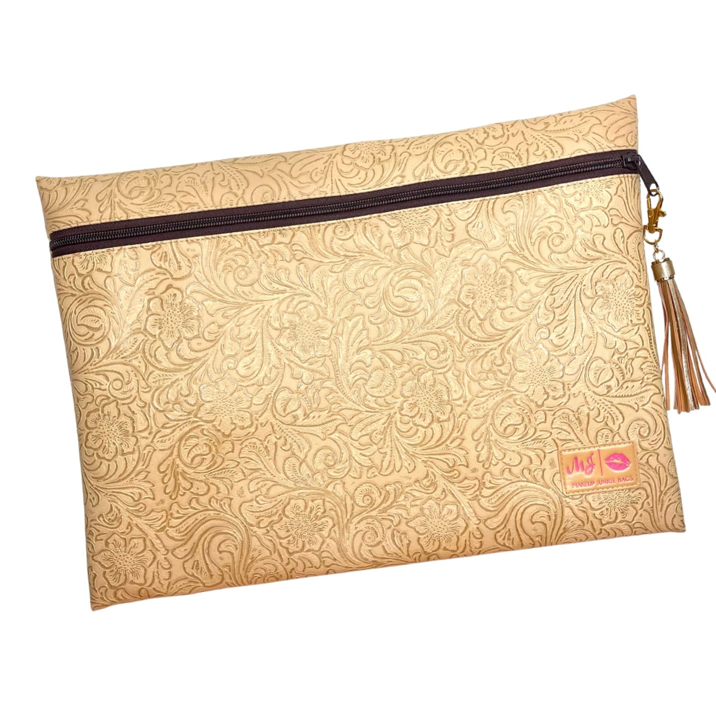 Beige patterned pouch with a brown zipper and tassel on a white background