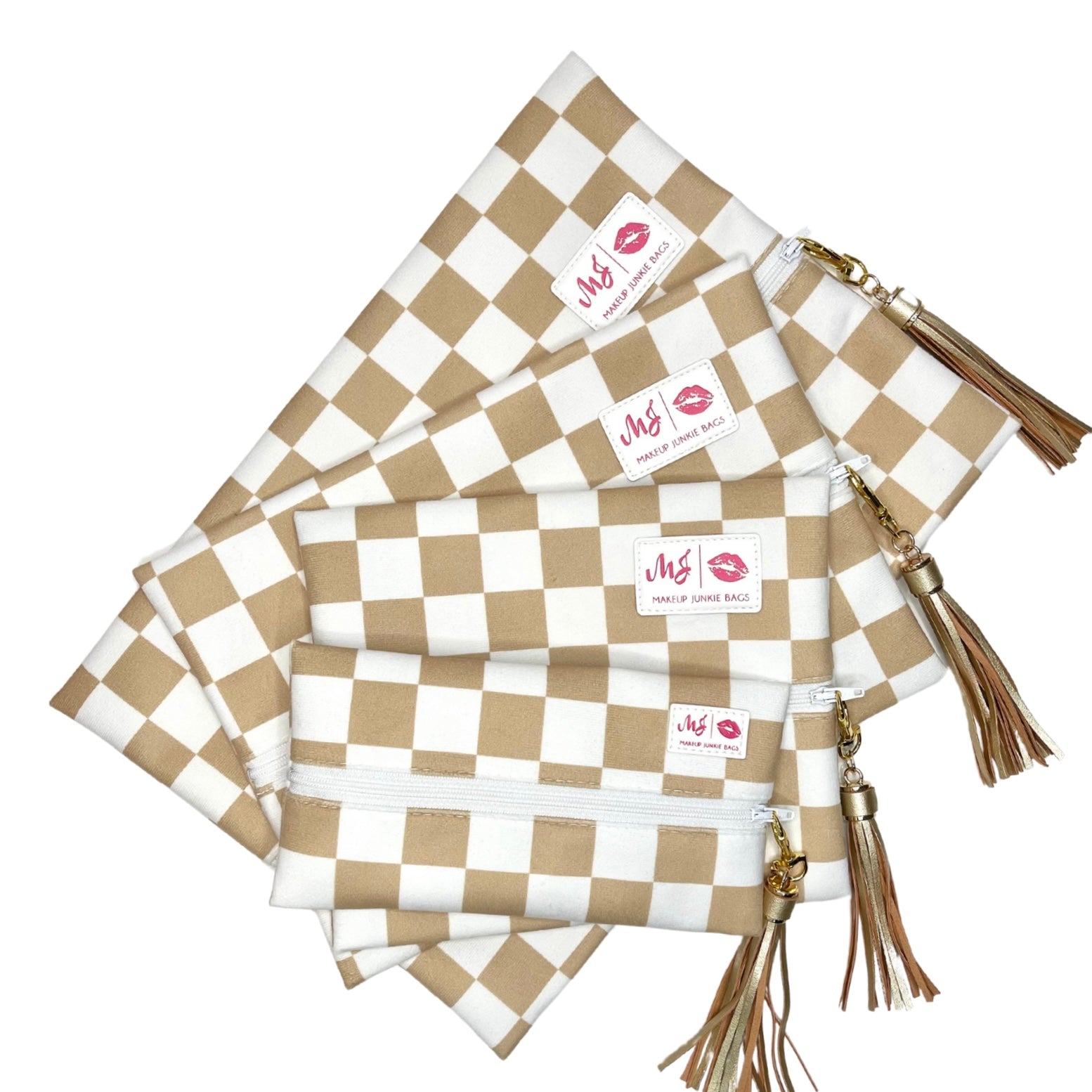 Set of checkered bags with tassels on a white background