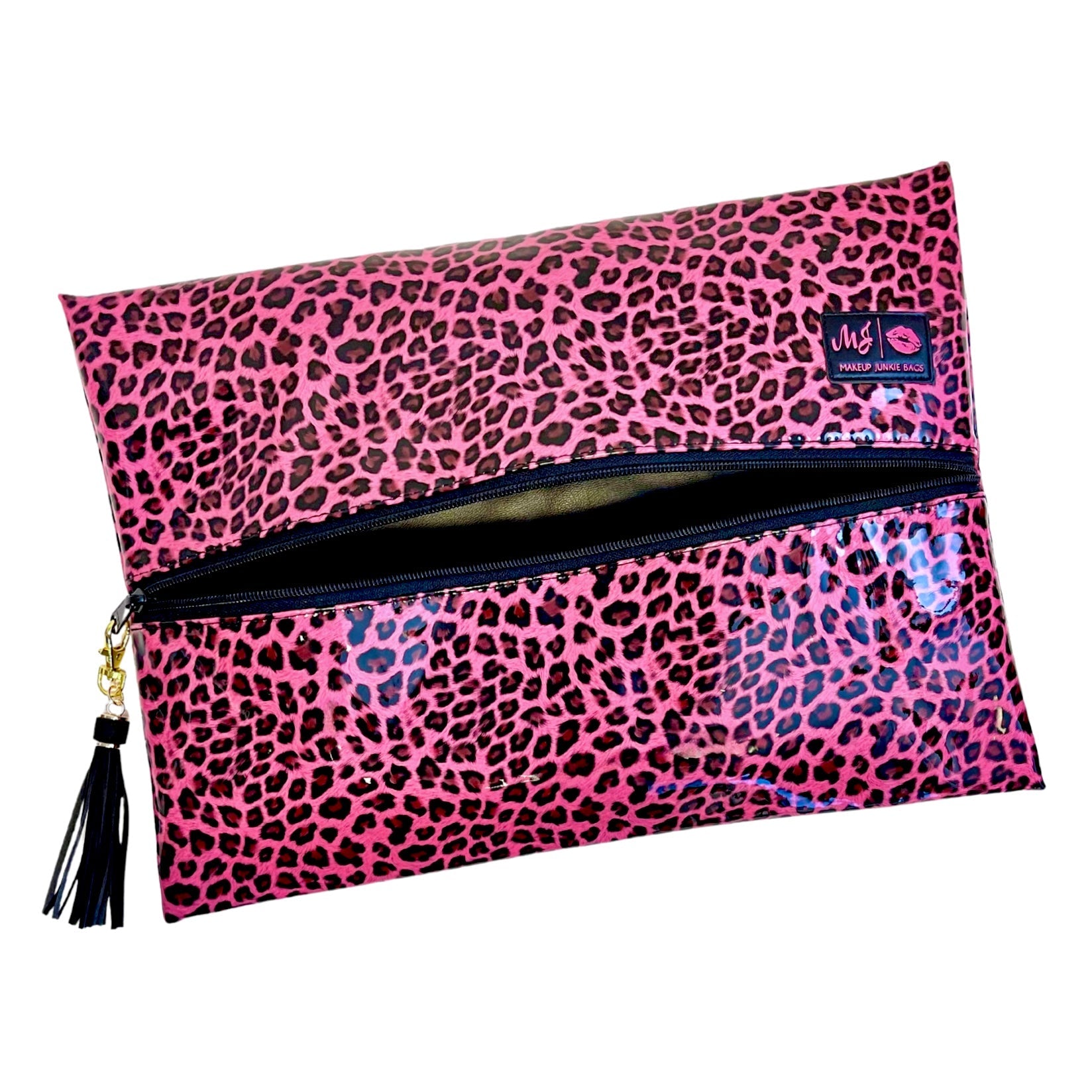 Pink leopard print pouch with a visible brand logo on a white background