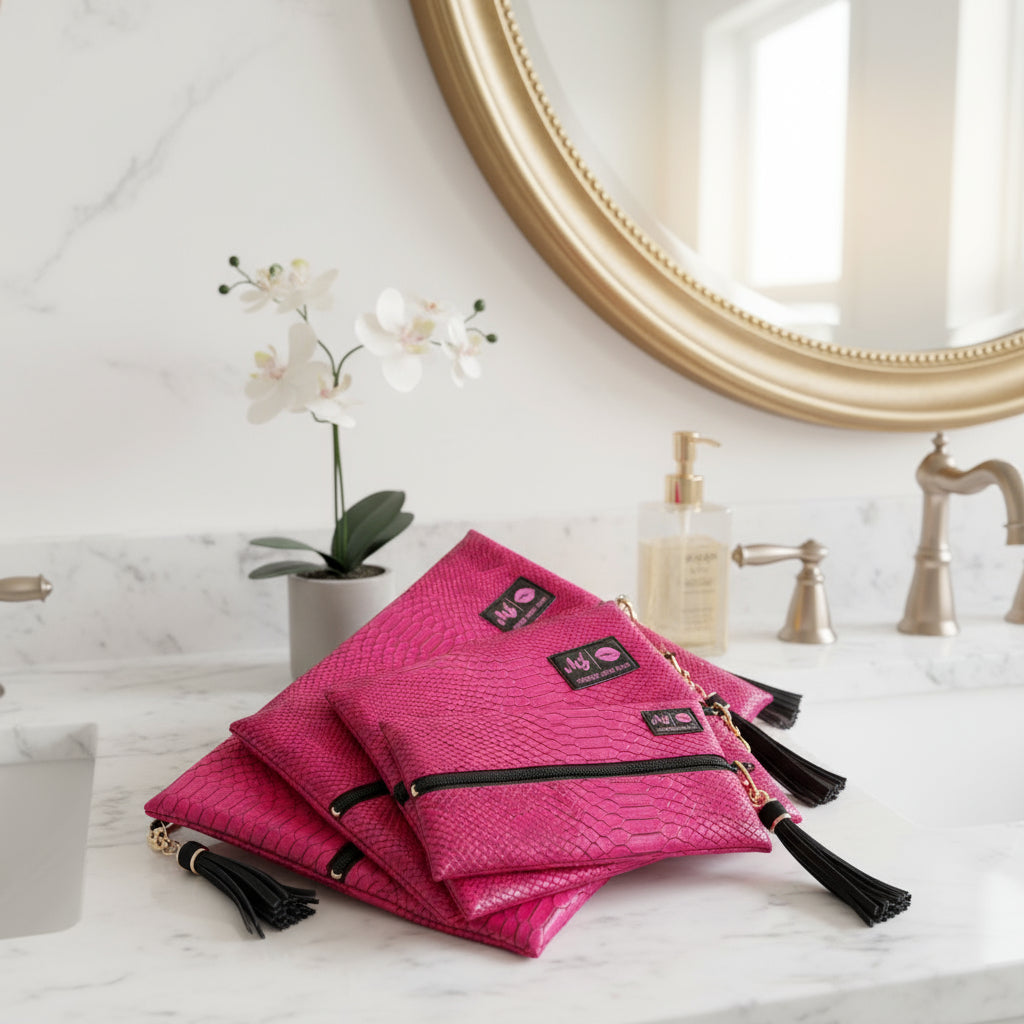 Set of pink textured pouches with black tassels on a white background