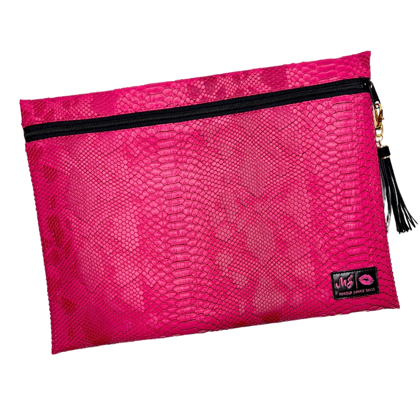 Pink textured pouch with black zipper and tassel on a white background