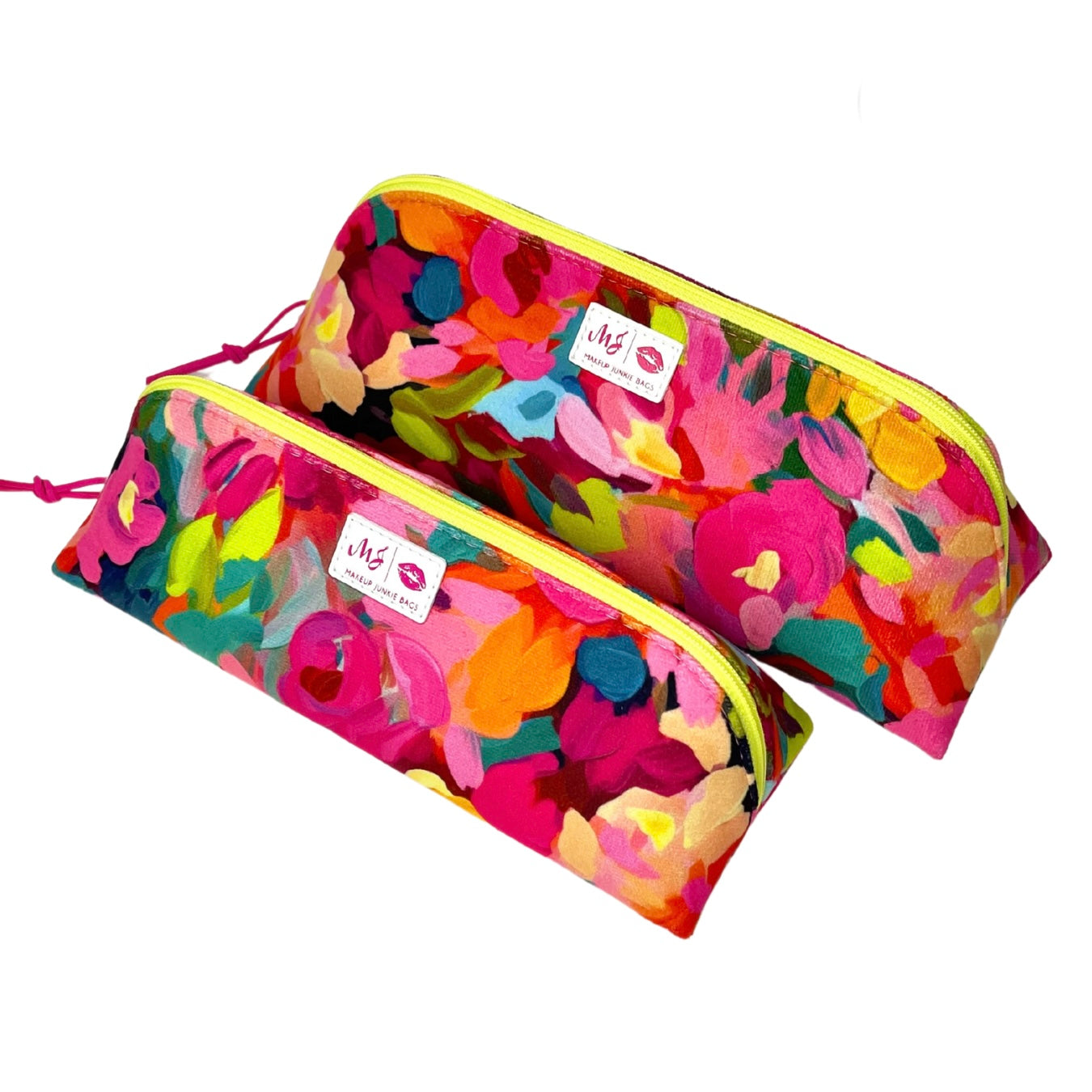 Two colorful floral-patterned pouches with a visible brand label on a white background.