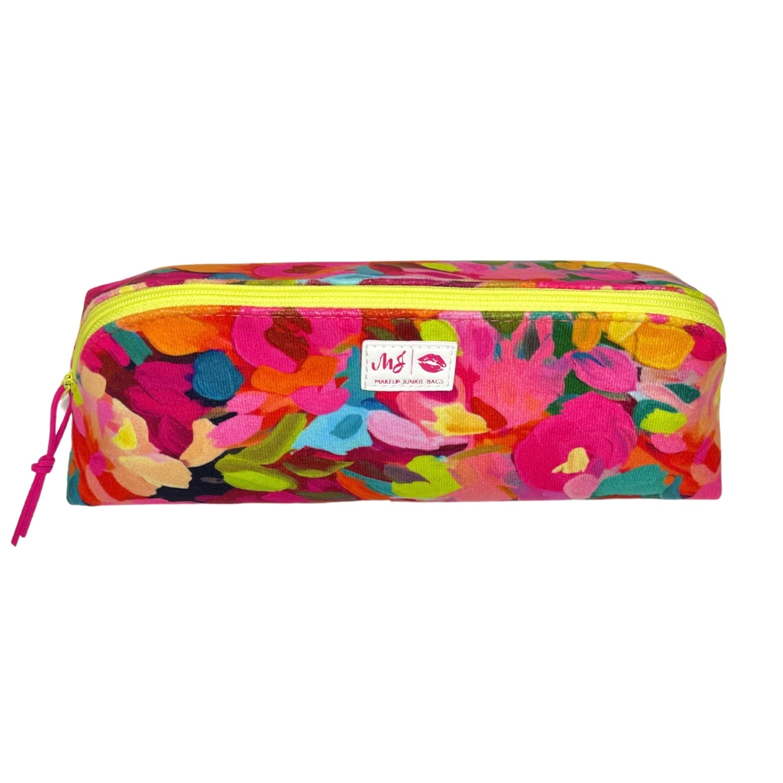 Colorful floral-patterned pencil case with a visible brand logo on a white background