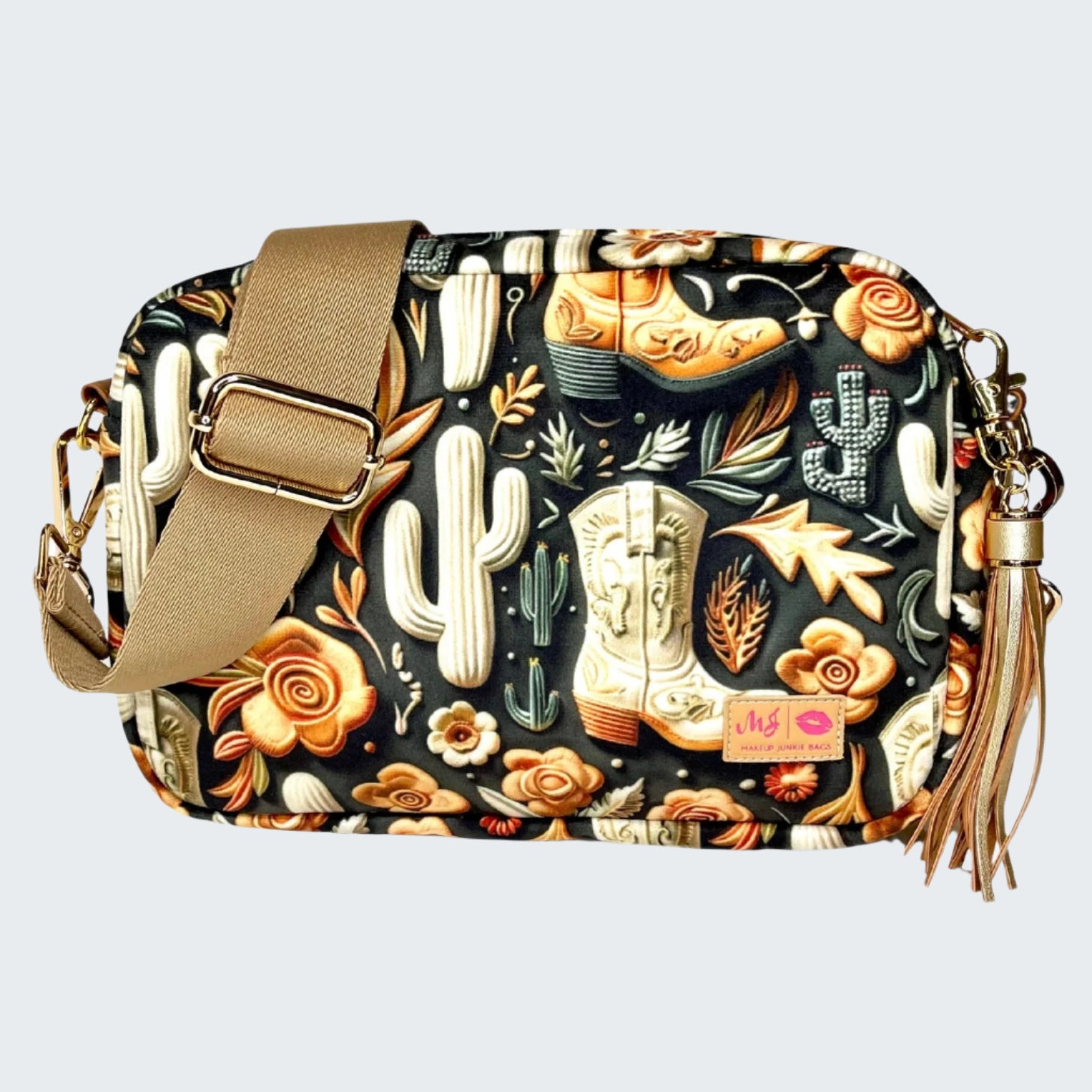 Handbag with cowboy boot and cactus design on a white background