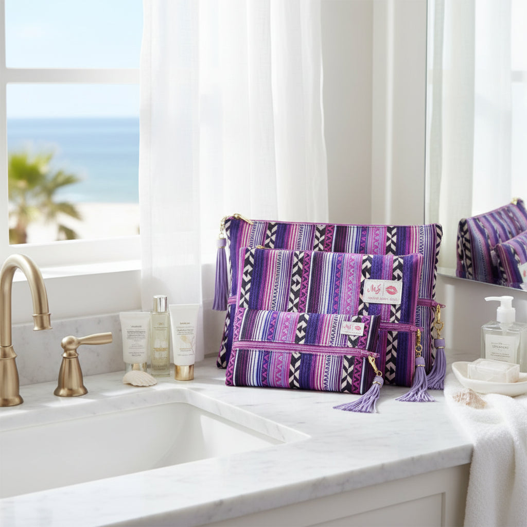 Set of purple patterned pouches with tassels on a white background