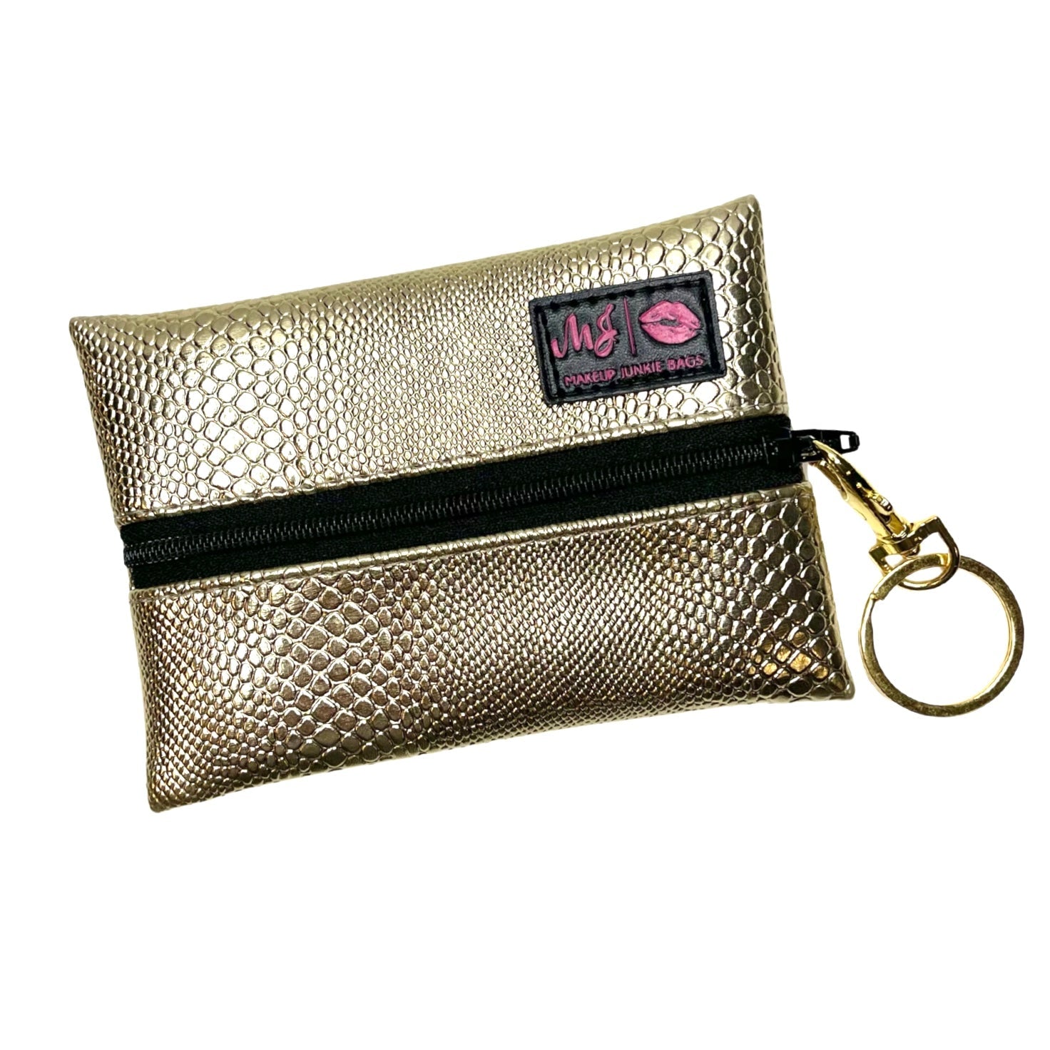 Gold textured pouch with black zipper and keychain on a white background