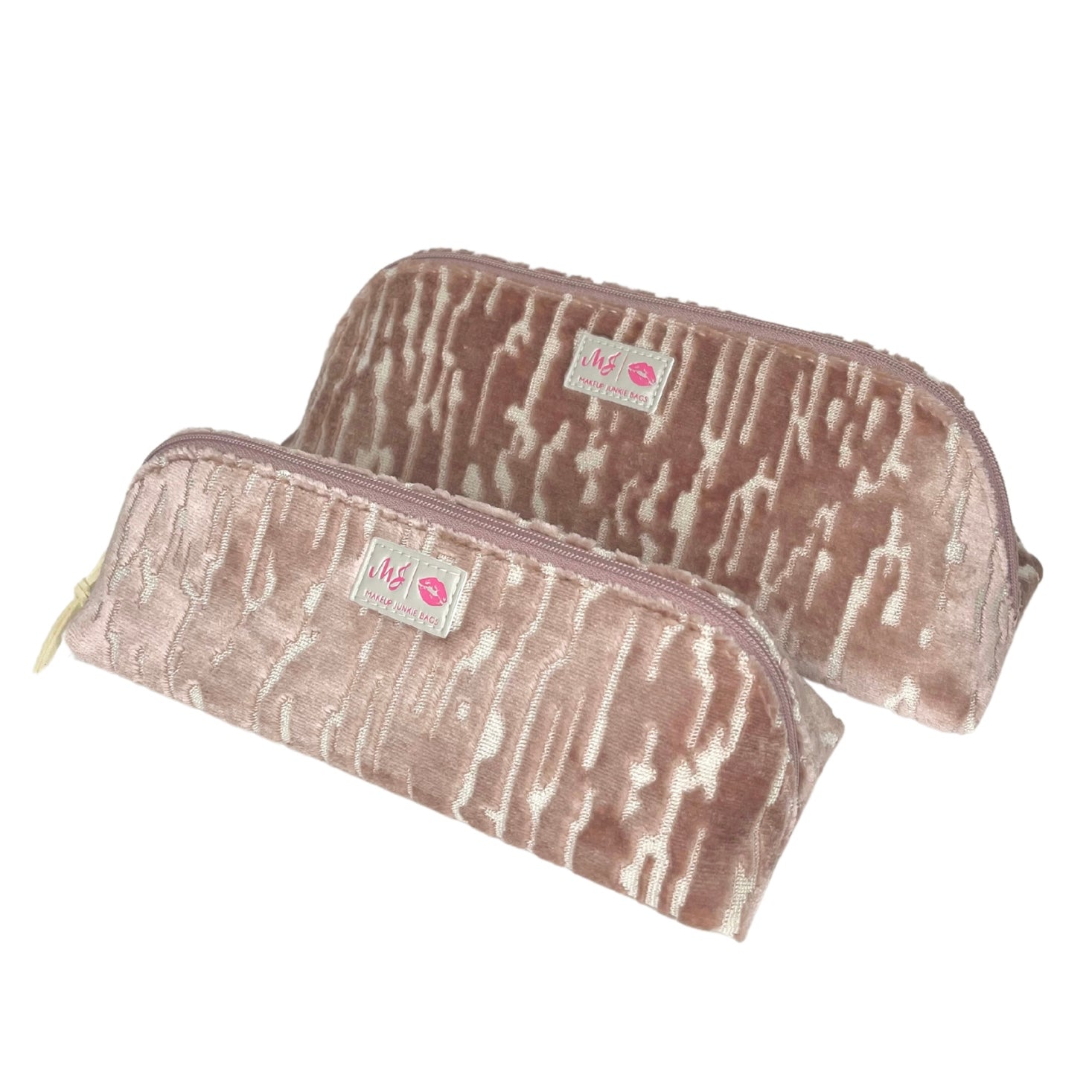 Two pink patterned pouches with a visible brand logo on a white background