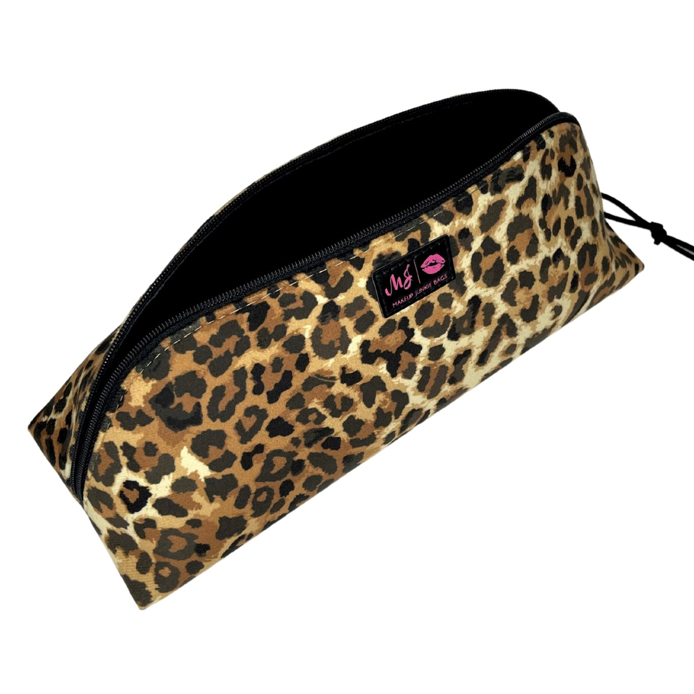 Leopard print pouch with a visible brand logo on a white background