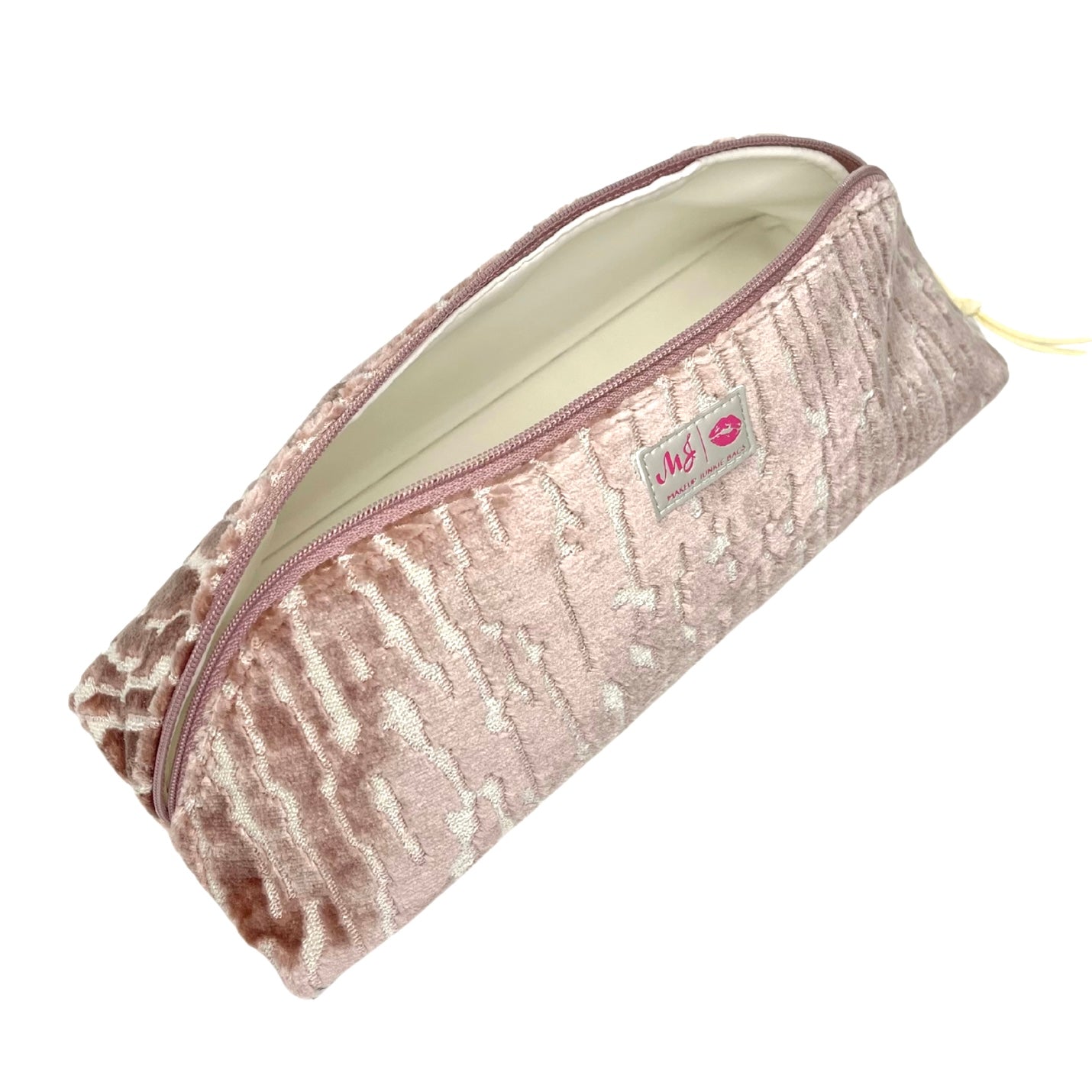 Pink textured pouch with a visible brand logo on a white background
