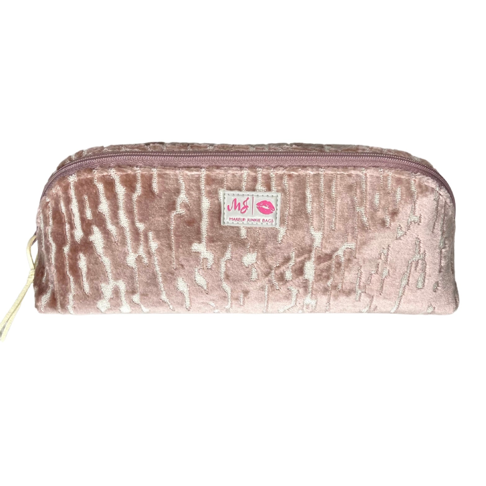 Pink textured makeup bag with a visible brand logo on a white background