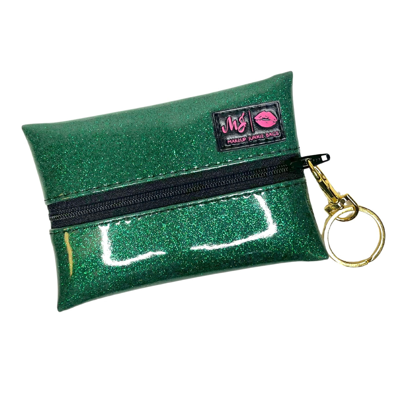 Green glittery pouch with a keychain and visible brand logo on a white background