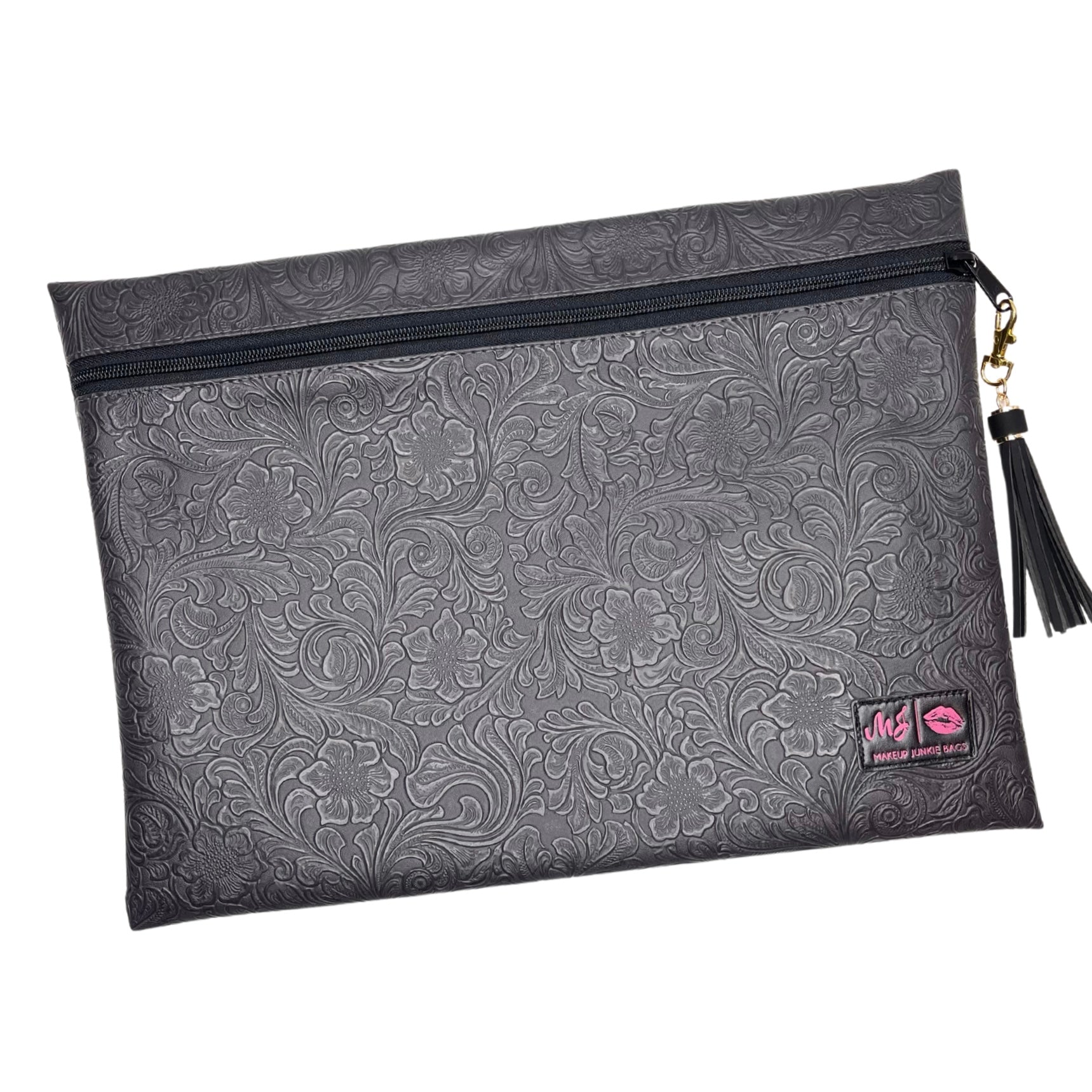 Gray floral-patterned pouch with a zipper and tassel on a white background