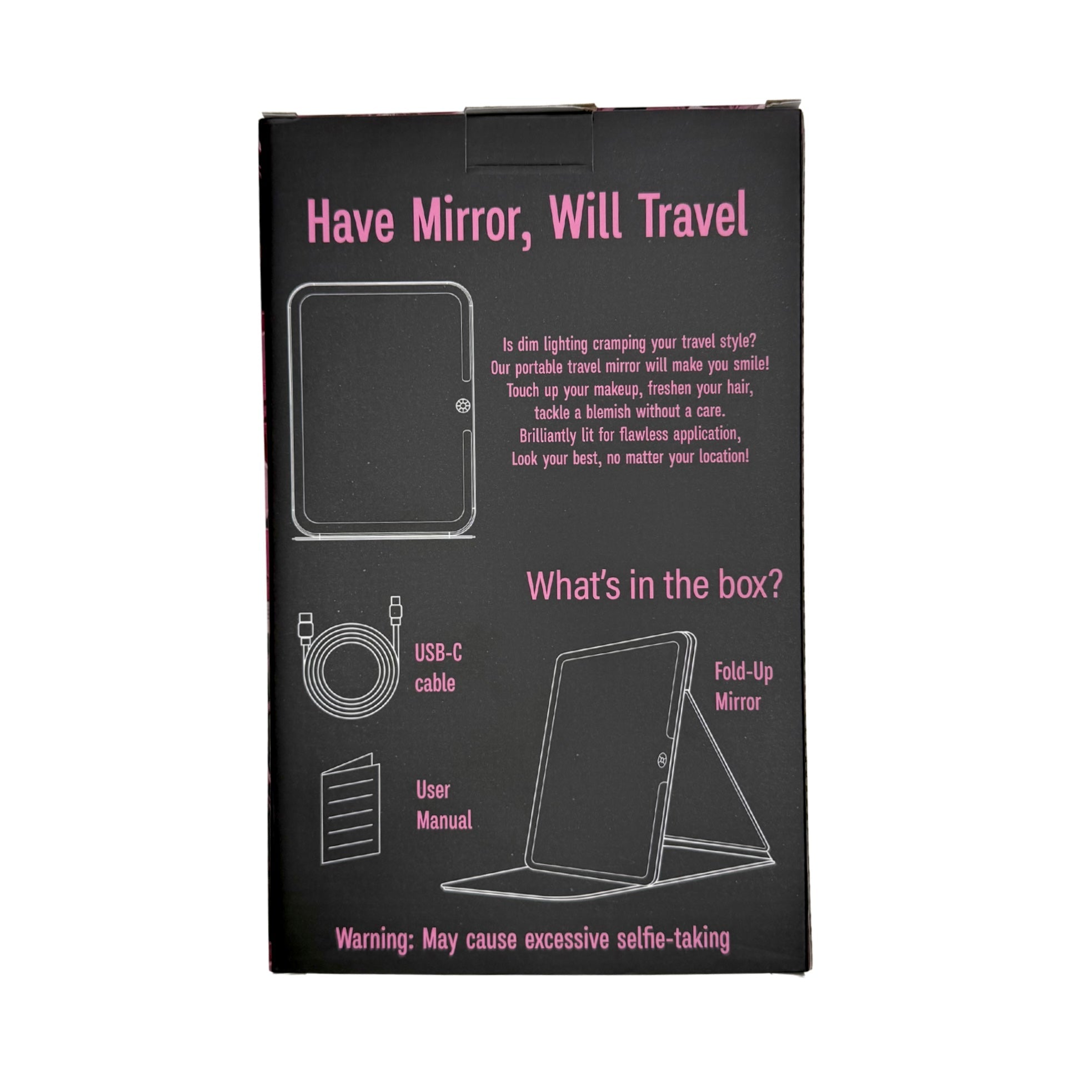 Black box packaging with pink text and illustrations of a mirror and USB-C cable on a white background.