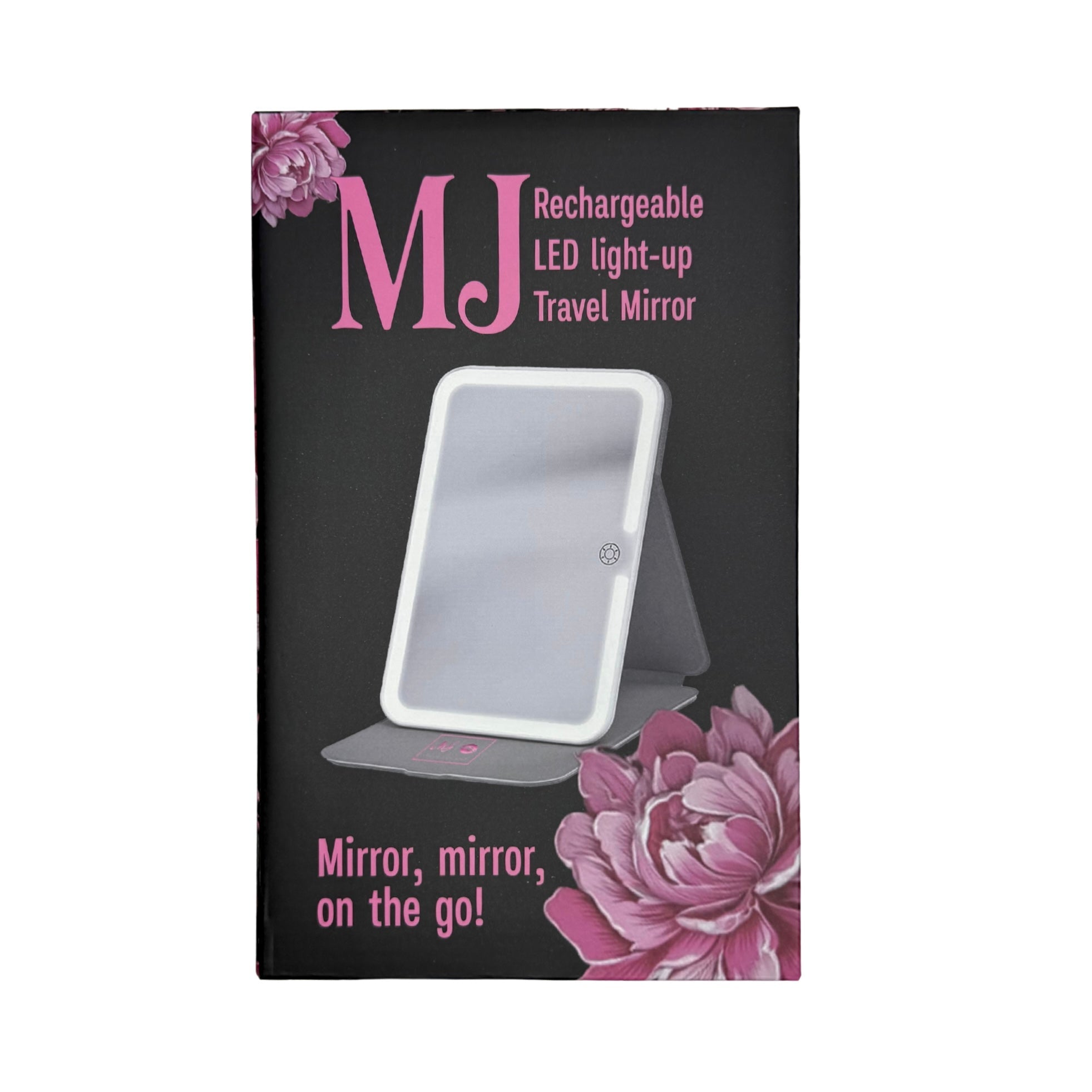 Packaging of a rechargeable LED light-up travel mirror with floral designs.
