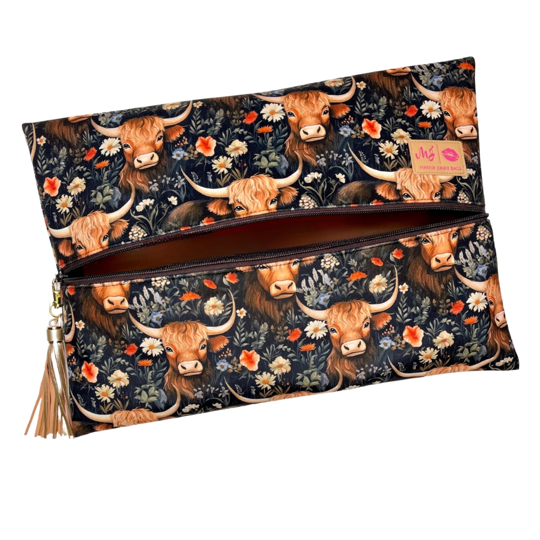 Clutch bag with longhorn cow and floral pattern on a white background