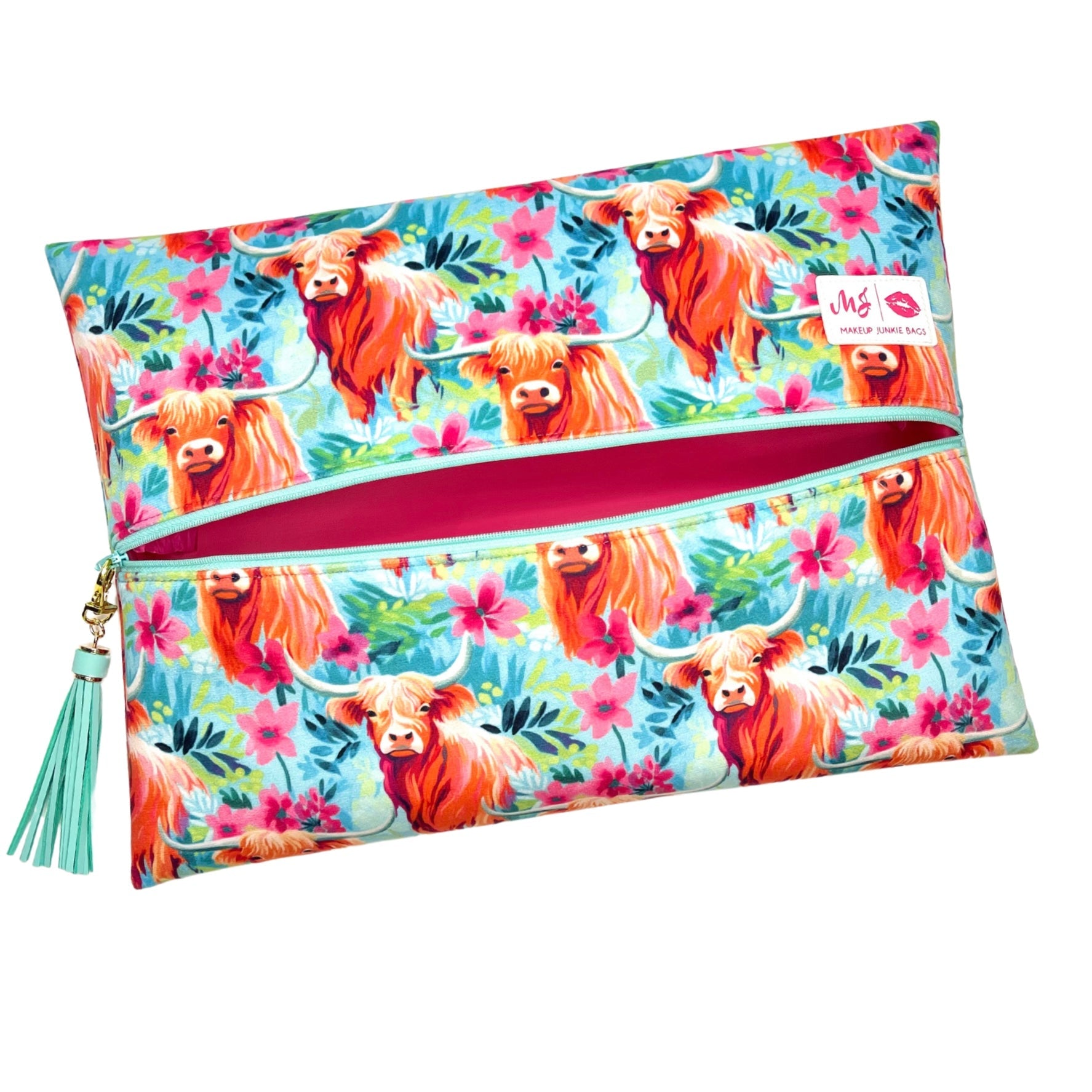 Colorful pouch with floral and cow pattern on a white background