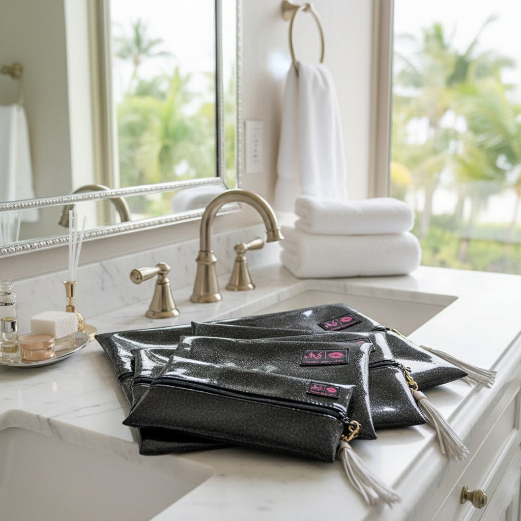 Stack of black makeup bags with visible brand logo on a white background