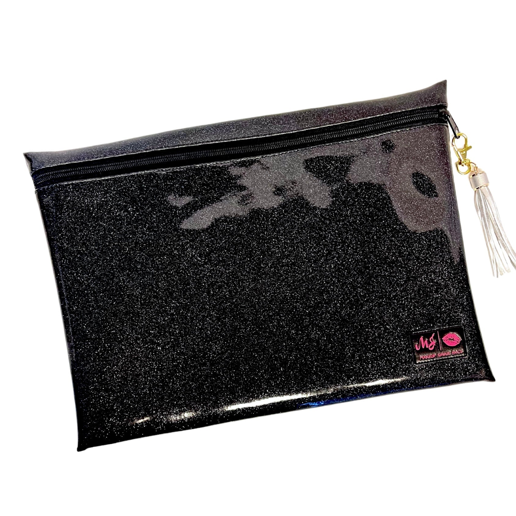 Black glitter pouch with a tassel on a white background