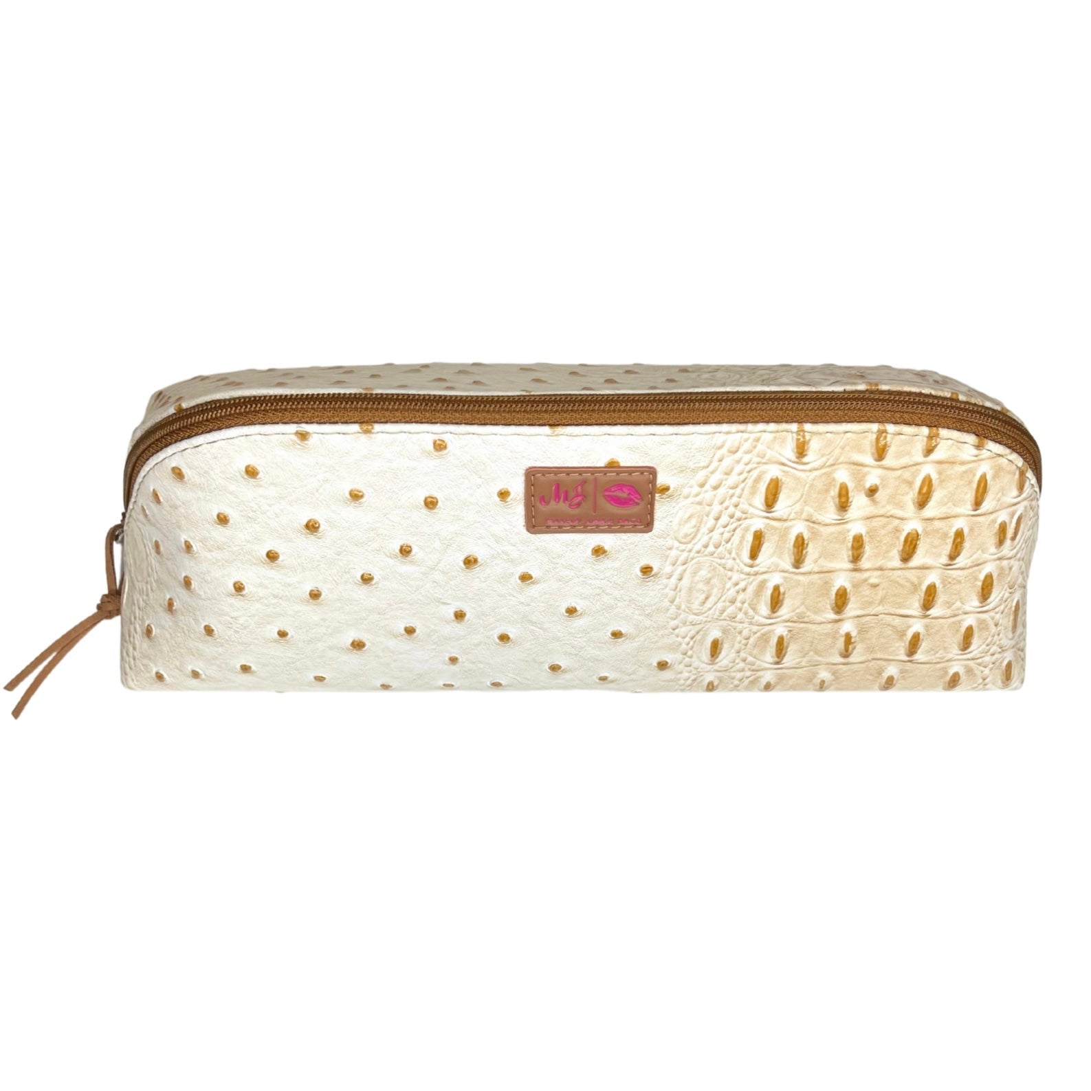 Rectangular pouch with gold polka dot pattern and brown zipper on a white background