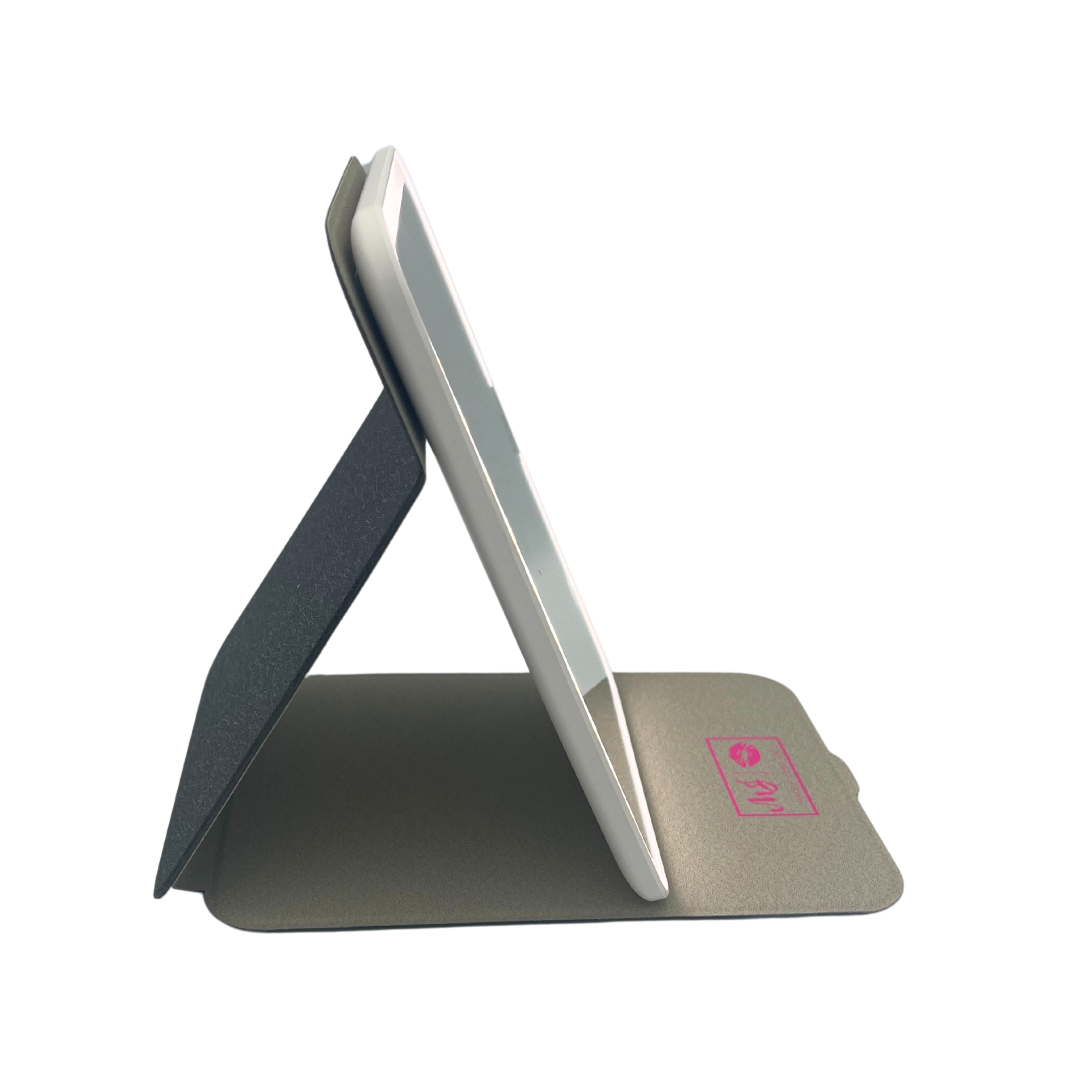 Tablet in a stand with a visible brand logo on a white background