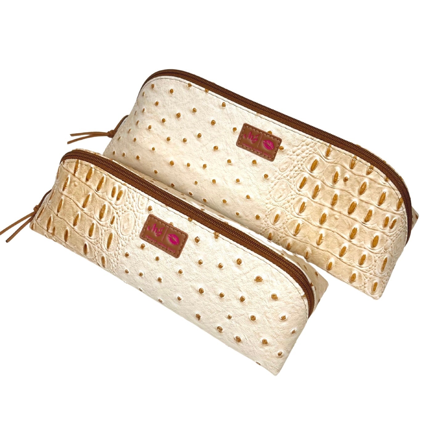 Two cream-colored pouches with brown accents on a white background