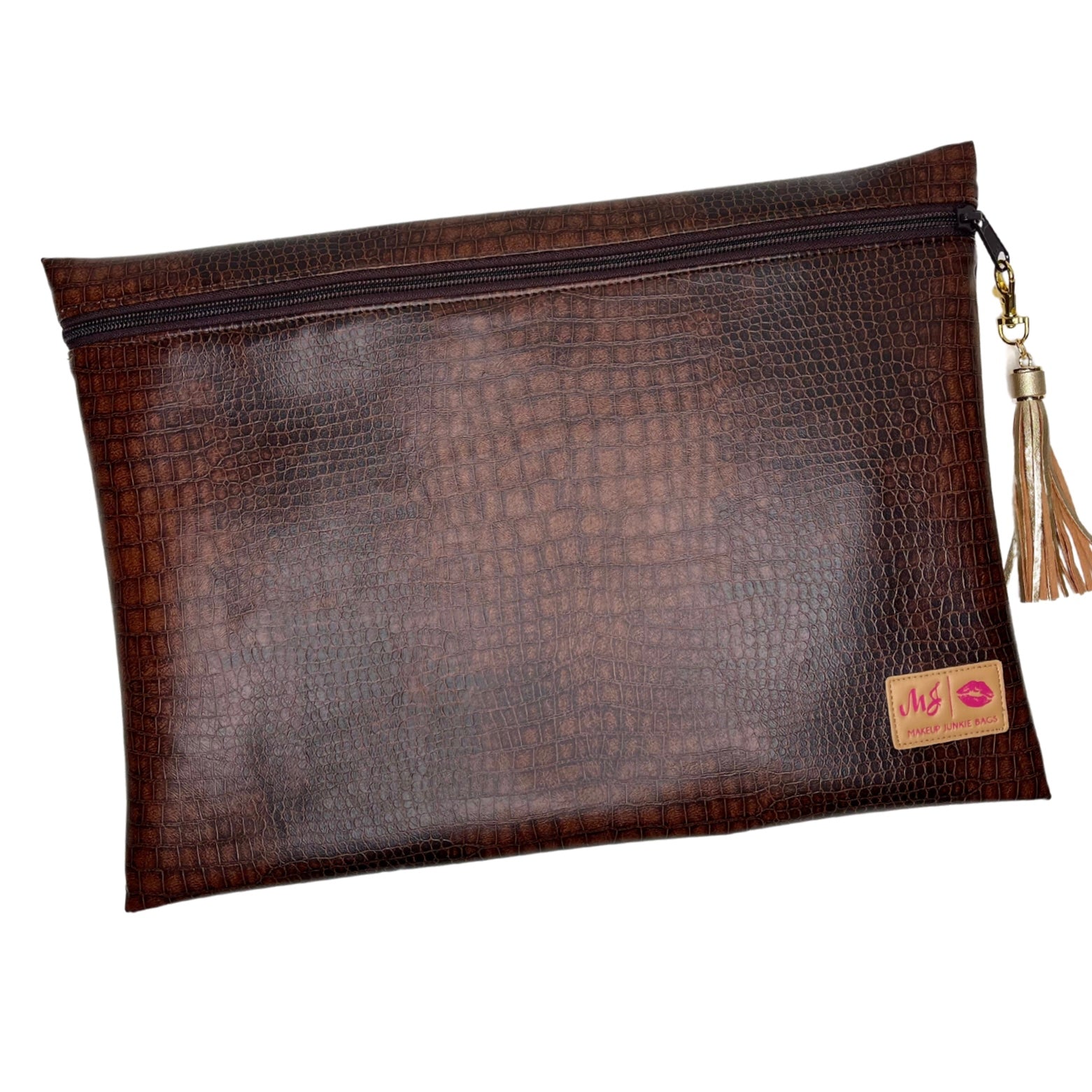 Brown textured pouch with a tassel on a white background