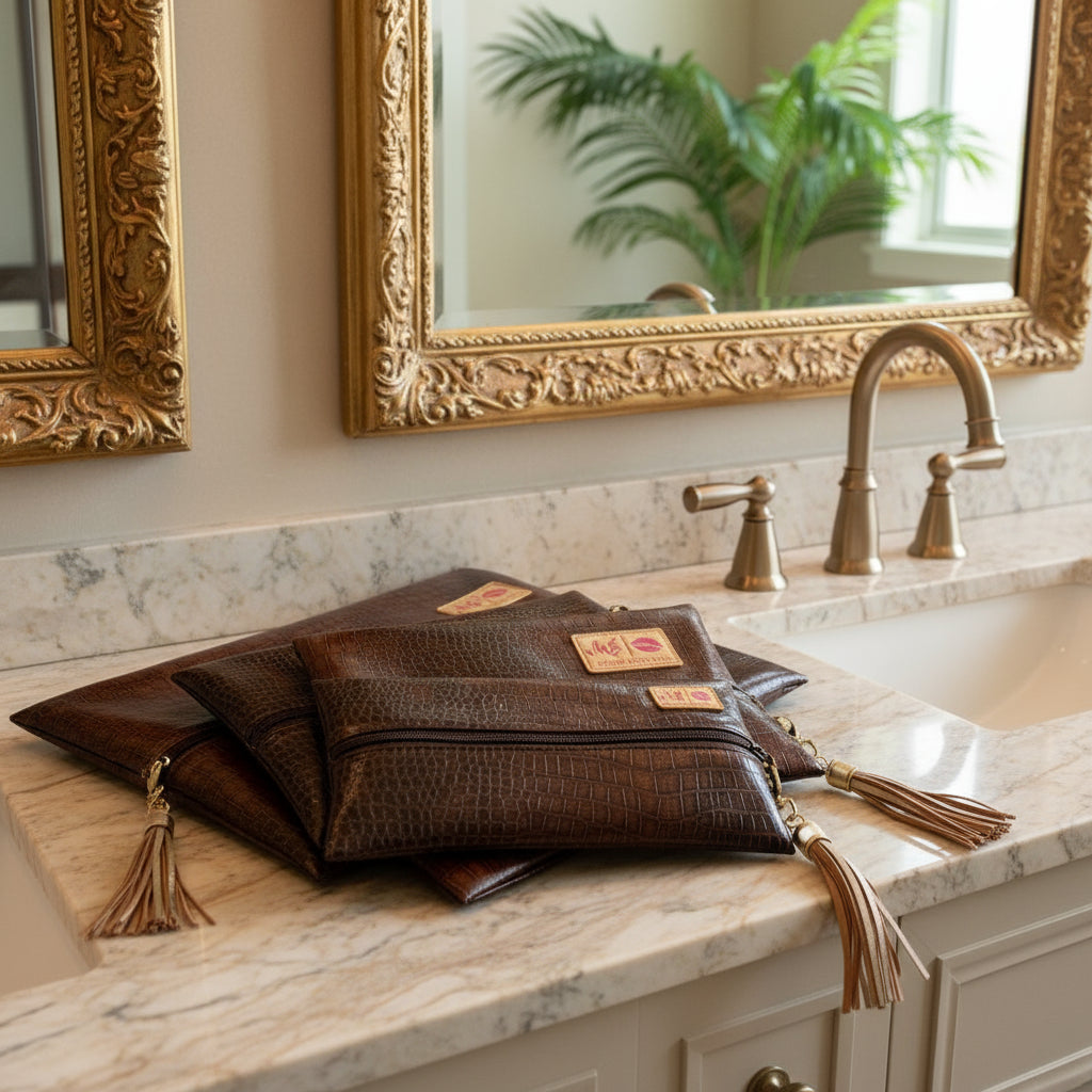 Set of brown leather pouches with tassels on a white background