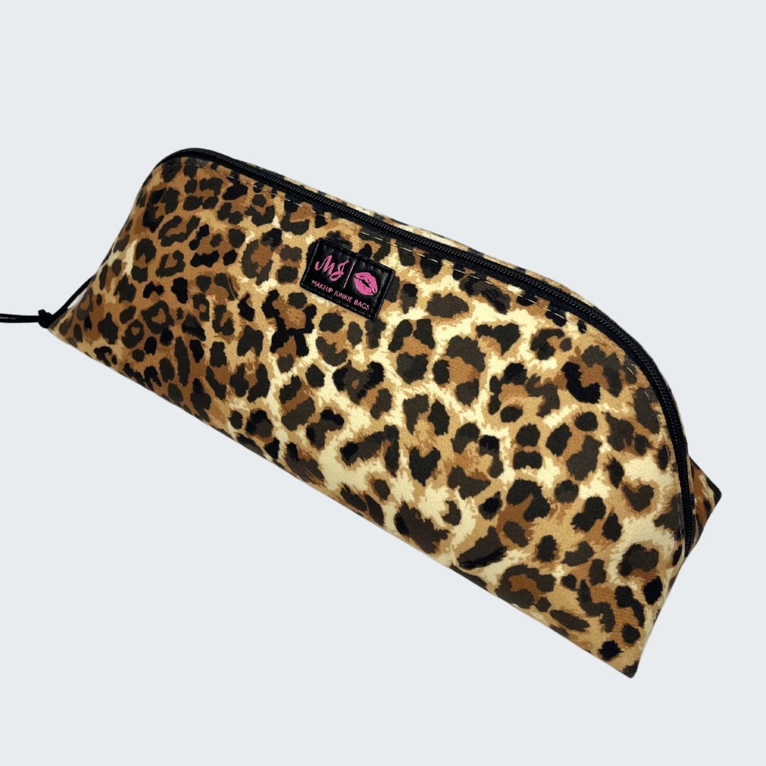 Leopard print makeup bag with a visible brand logo on a white background