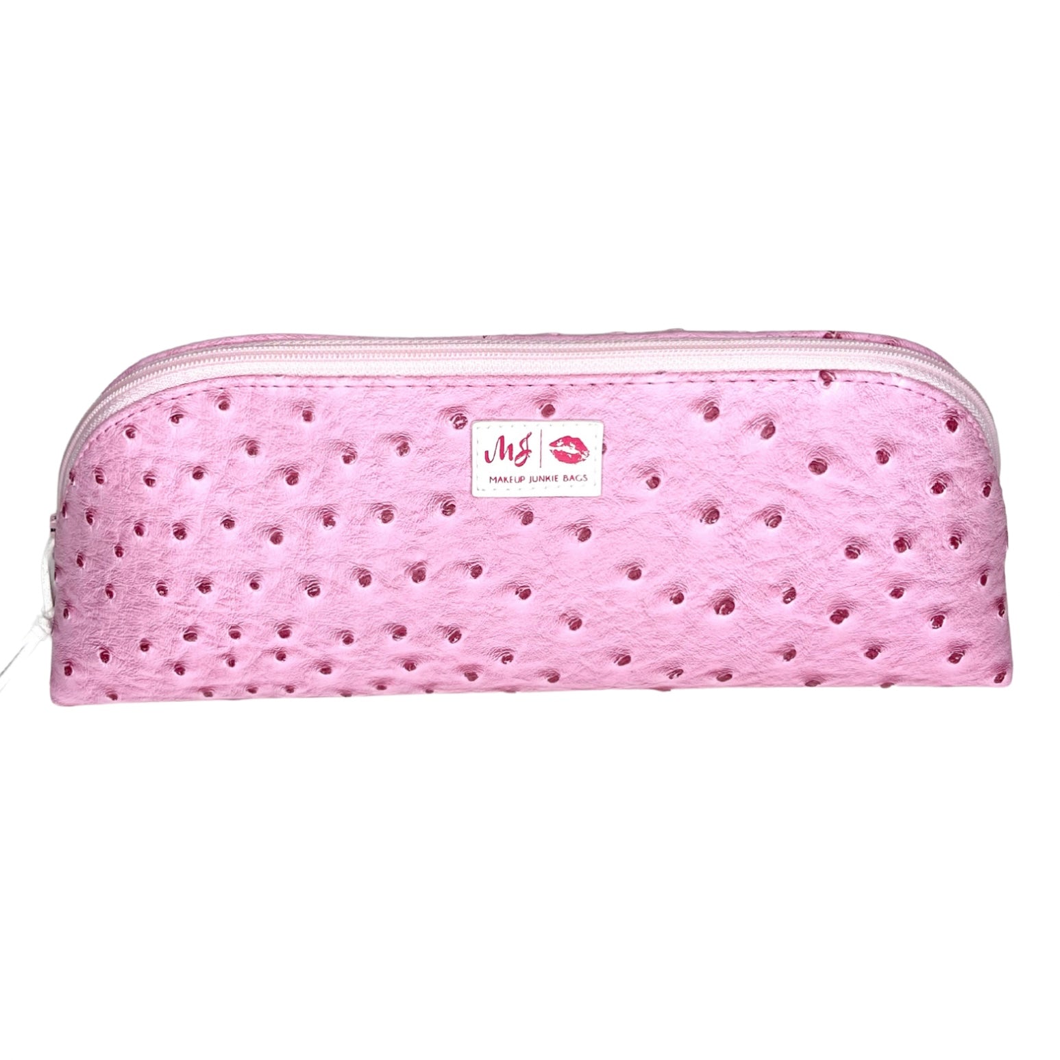 Pink textured makeup bag with a visible brand logo on a white background