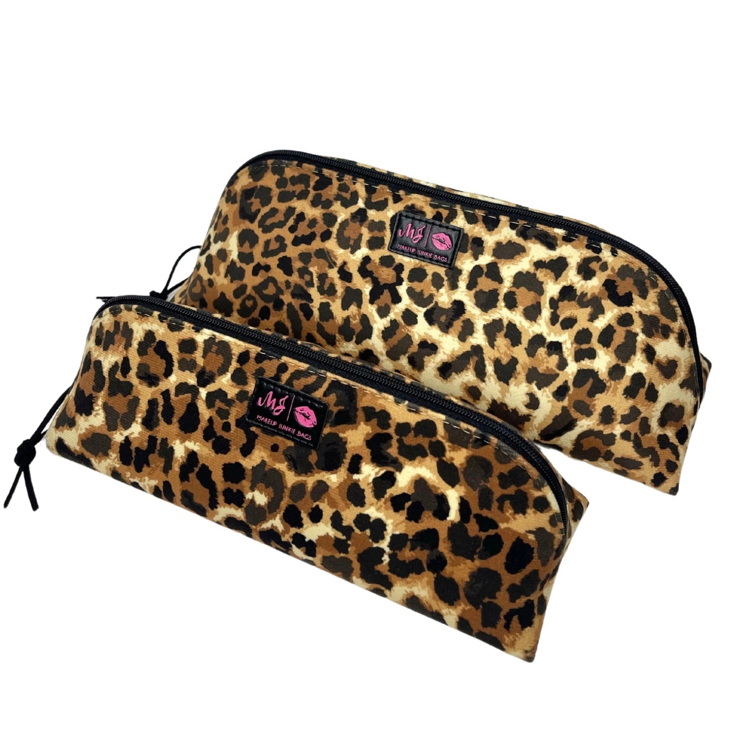 Two leopard print makeup bags with a visible brand logo on a white background
