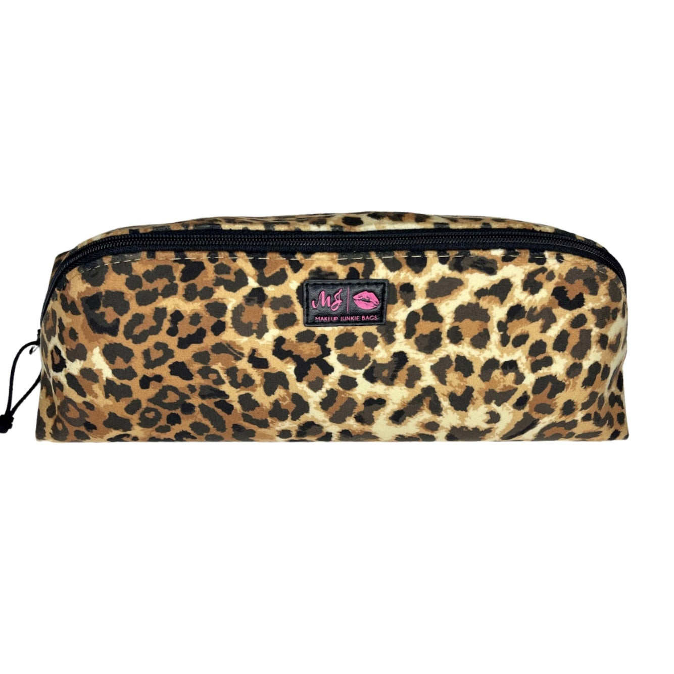 Leopard print pencil case with a visible brand logo on a white background