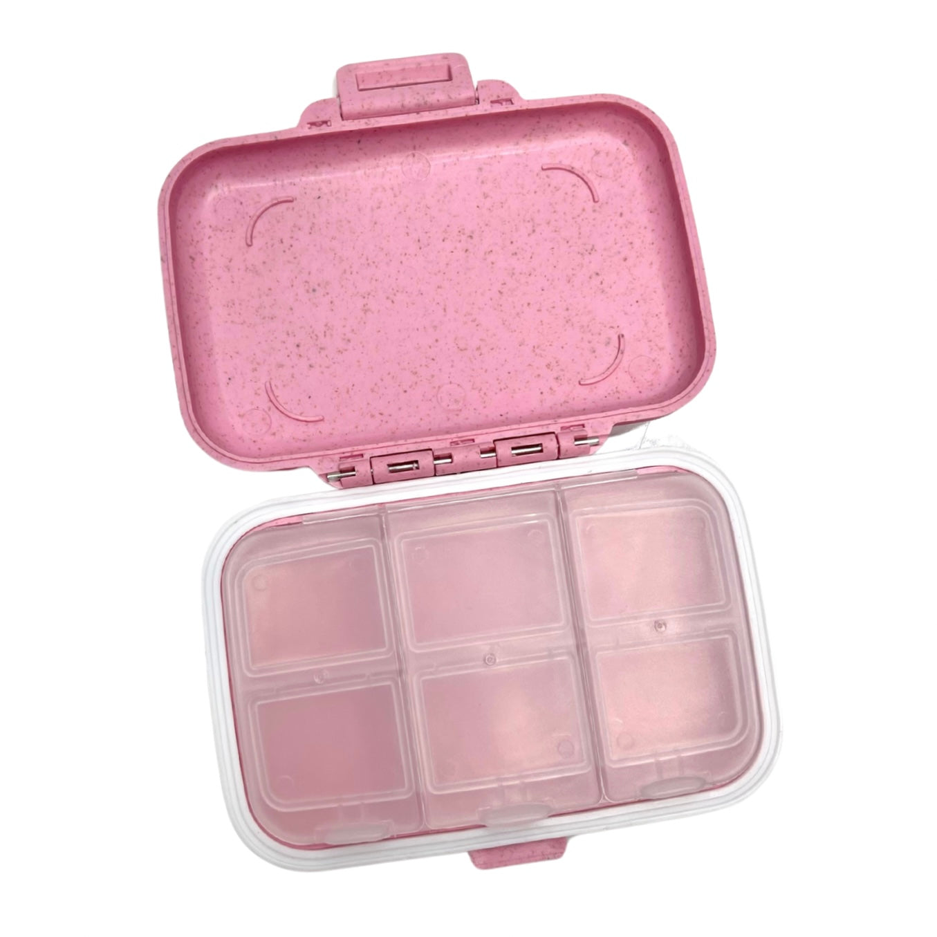 Pink bento box with compartments on a white background