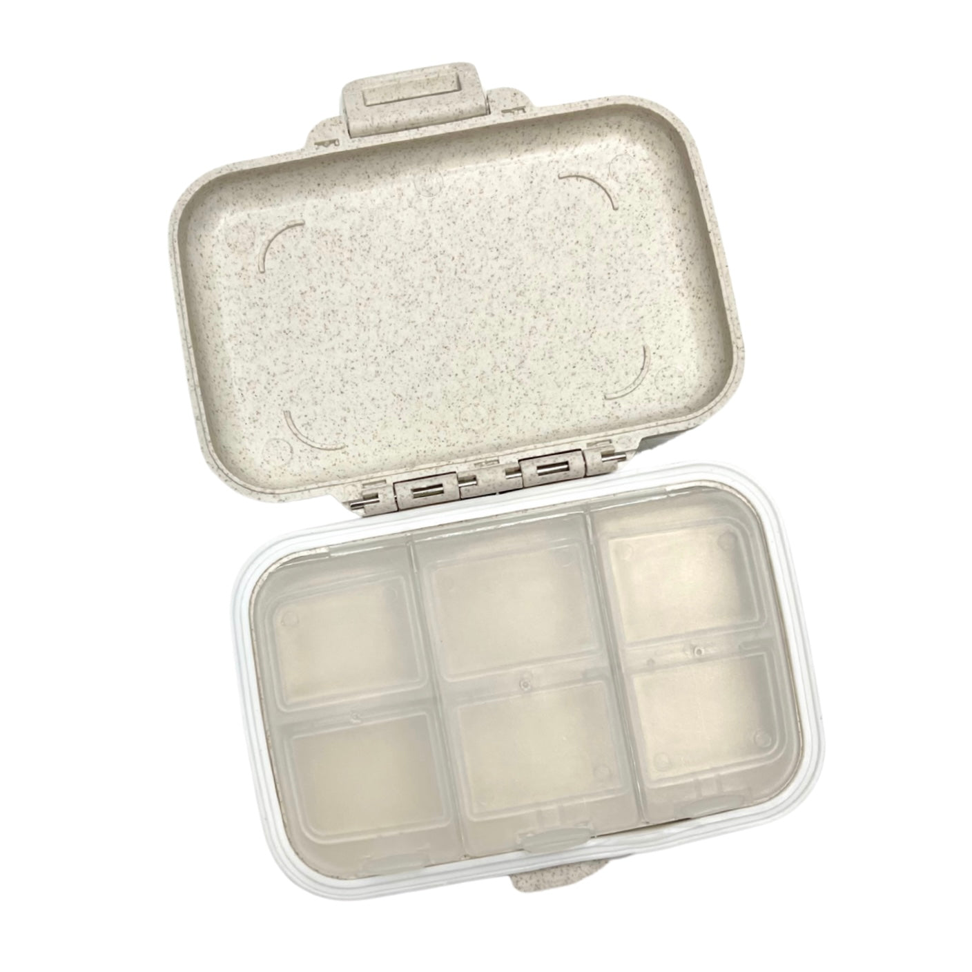 Small, open beige container with compartments on a white background