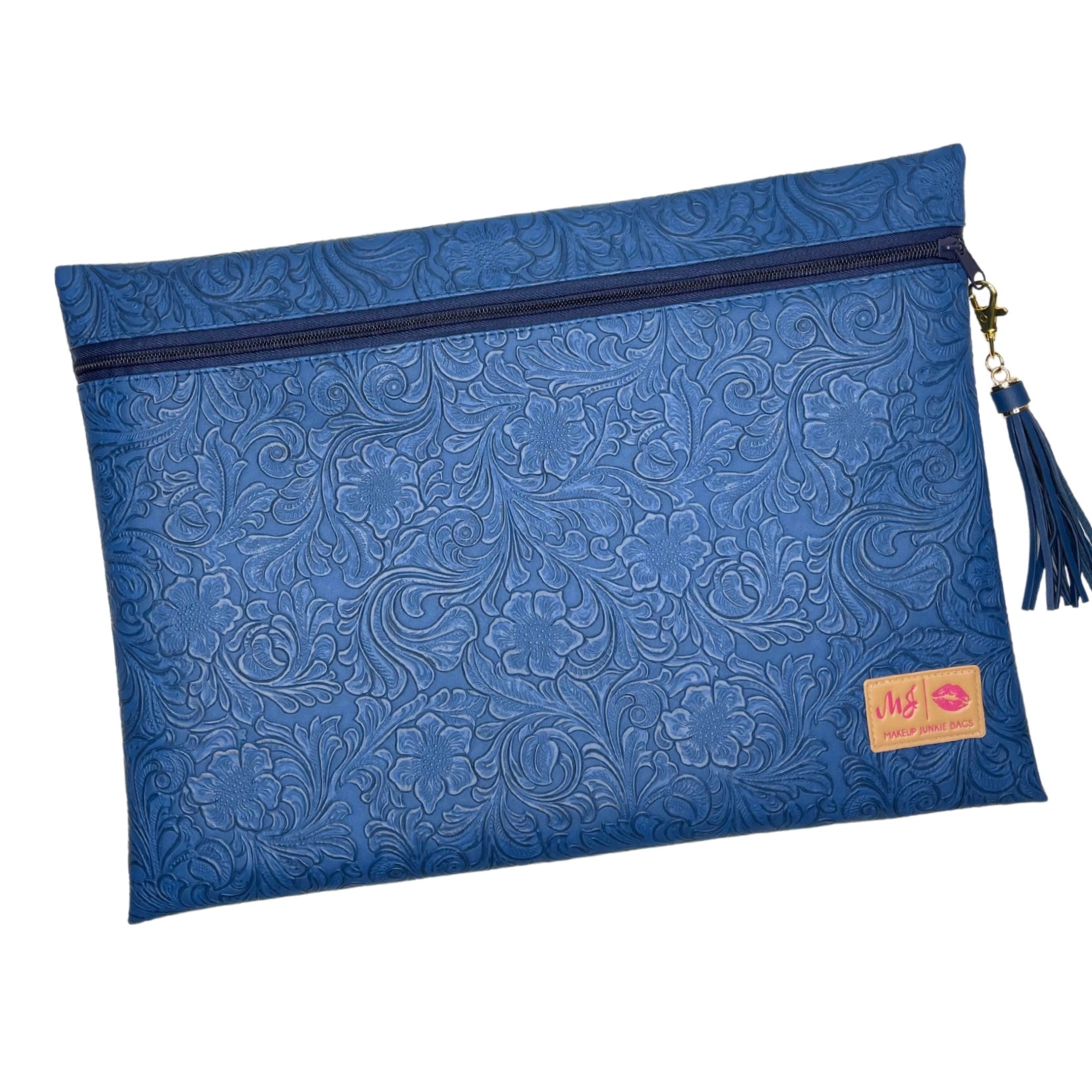 Blue patterned pouch with a tassel on a white background