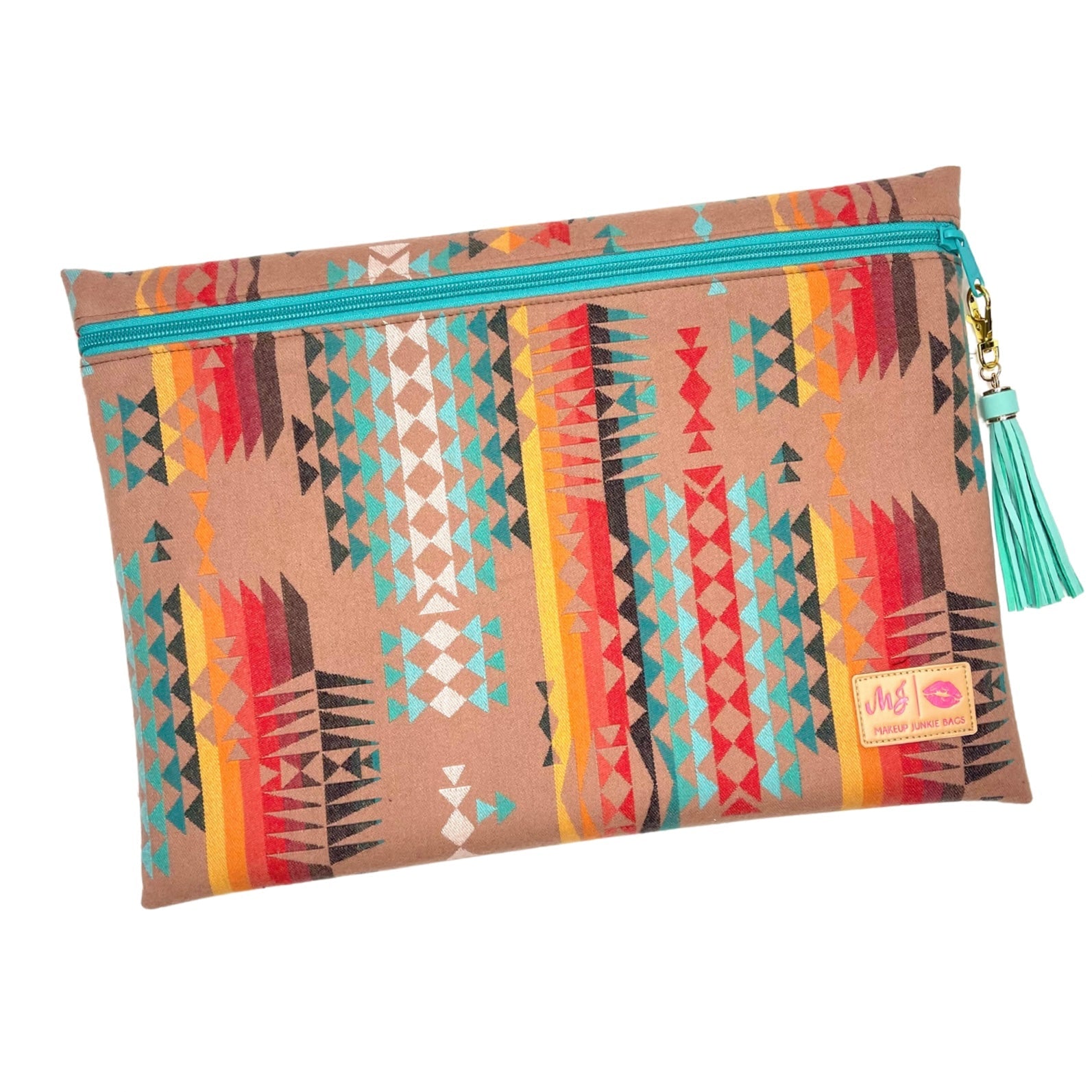 Colorful patterned pouch with a turquoise zipper on a white background