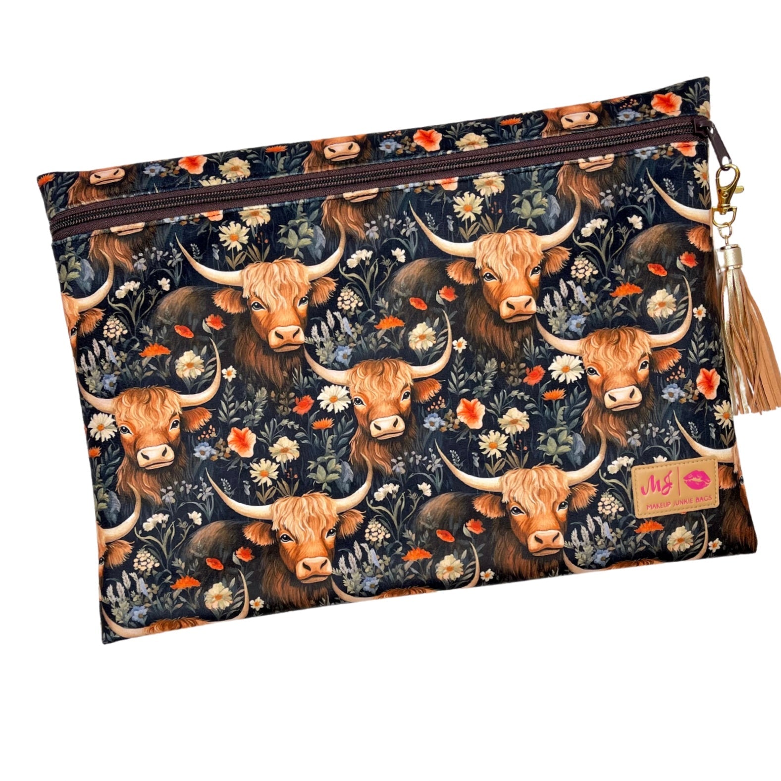 Pouch with bull and floral pattern on a white background
