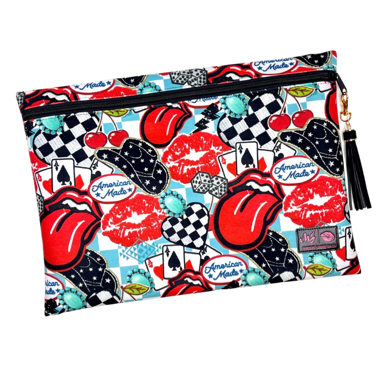 Colorful pouch with Rolling Stones-themed design on a white background