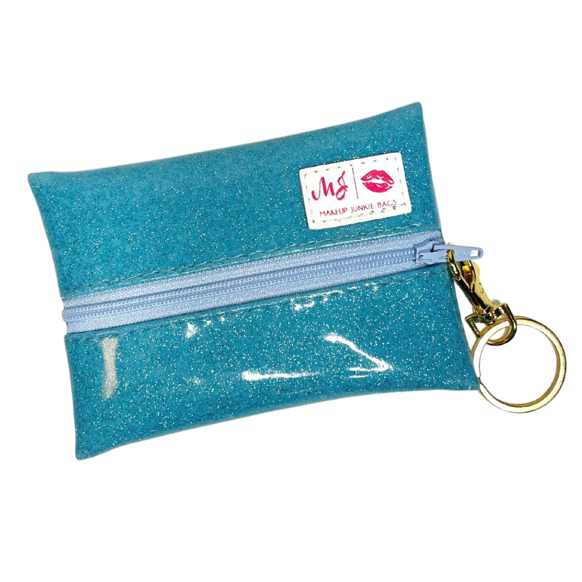 Blue glittery makeup bag with a gold keychain on a white background
