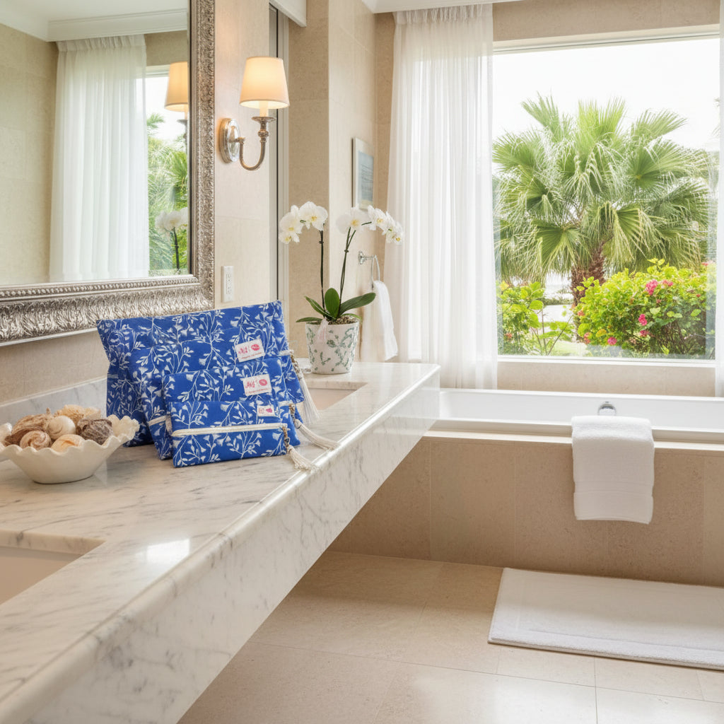 Set of blue floral pouches with white tassels on a white background