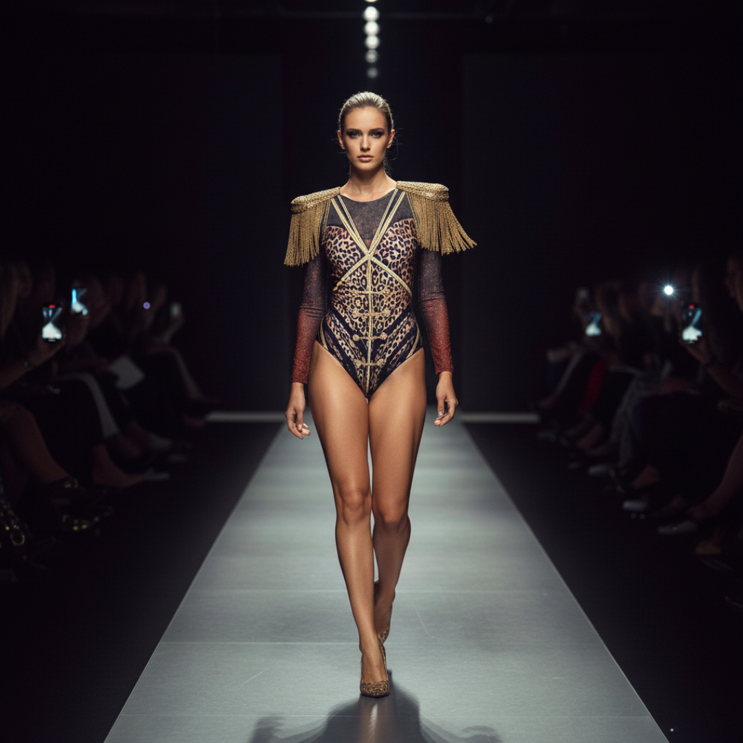 Model walking on a fashion show runway wearing an ornate bodysuit.