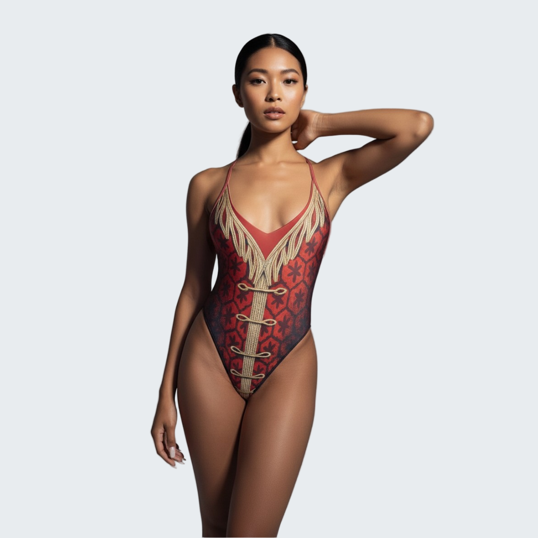 Model wearing a red and gold swimsuit with intricate design on a gray background