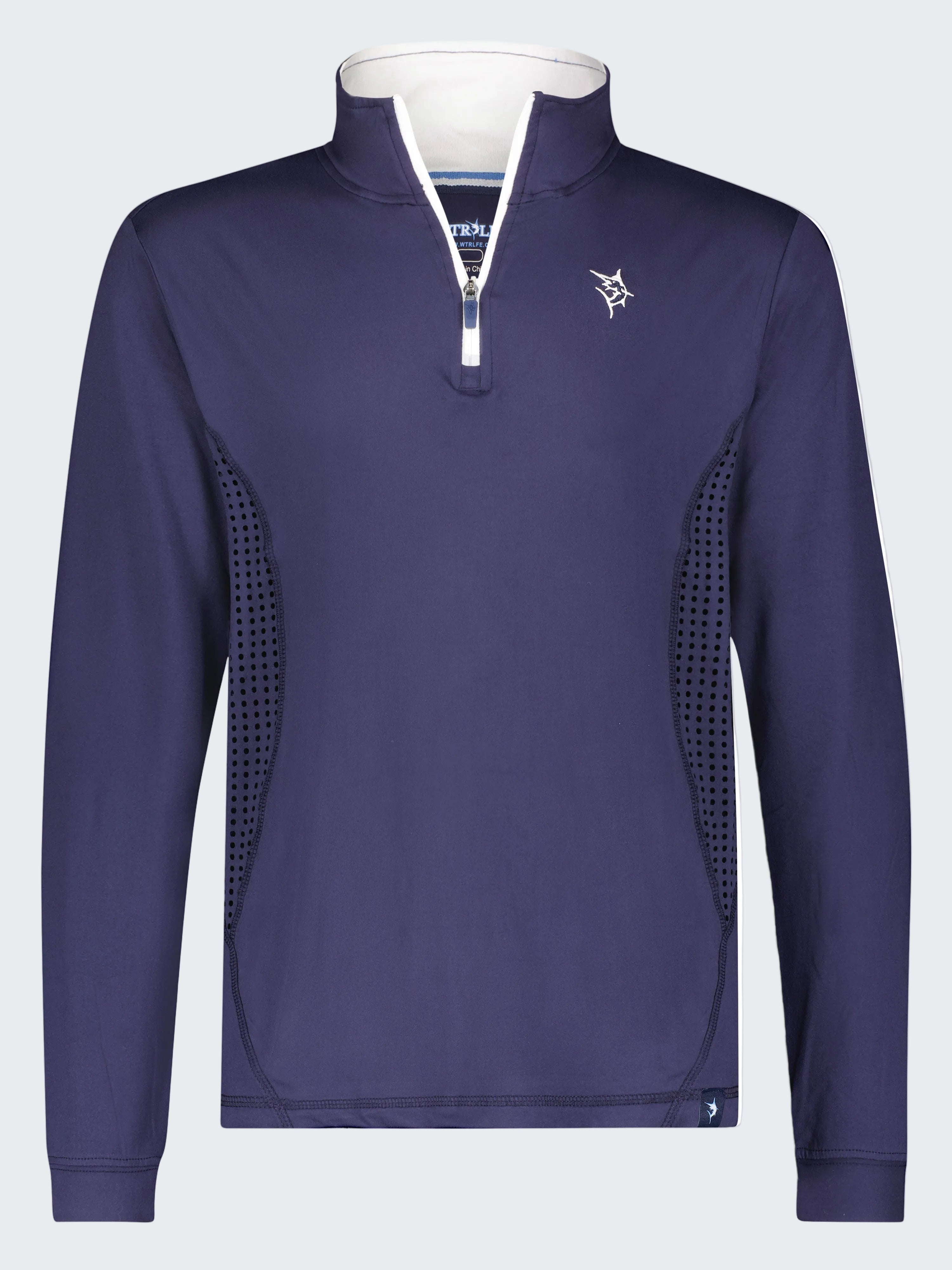 Purple long-sleeve pullover with a logo on a white background
