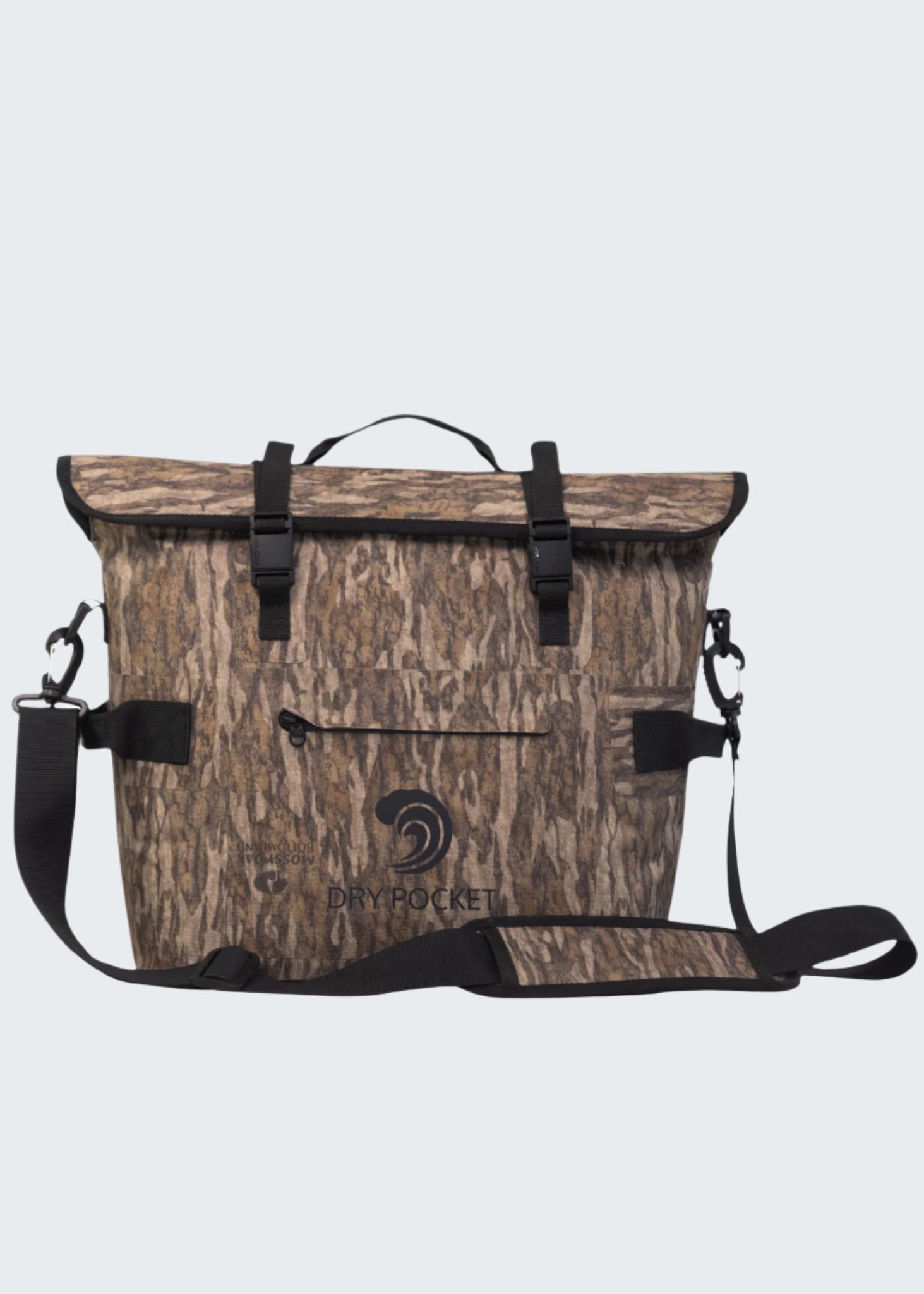 Camouflage-patterned bag with black straps on a white background
