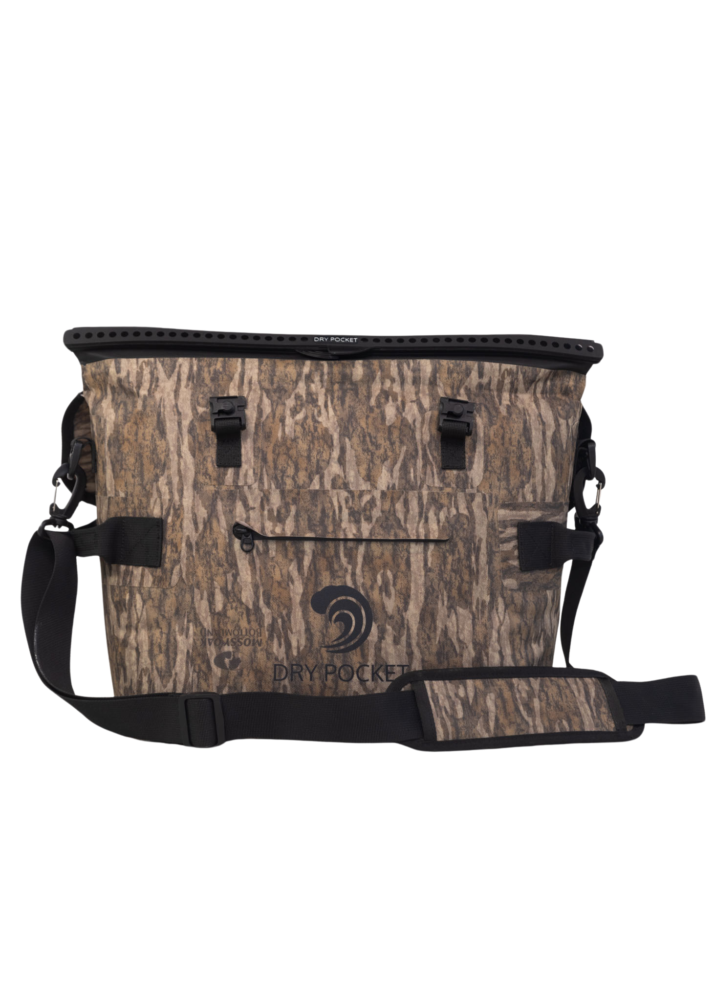 Camouflage cooler bag with black straps on a white background