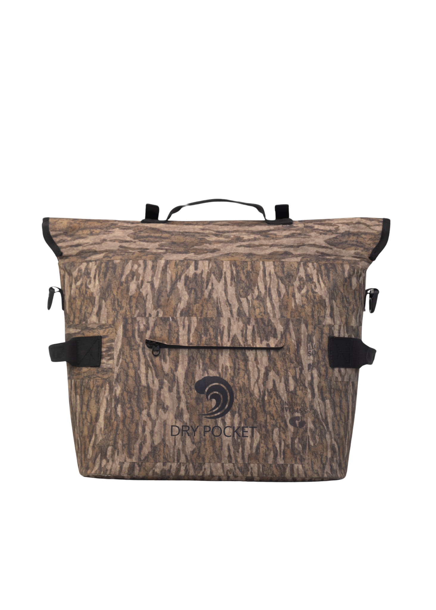 Camouflage-patterned backpack with 'Dry Pocket' branding on a white background