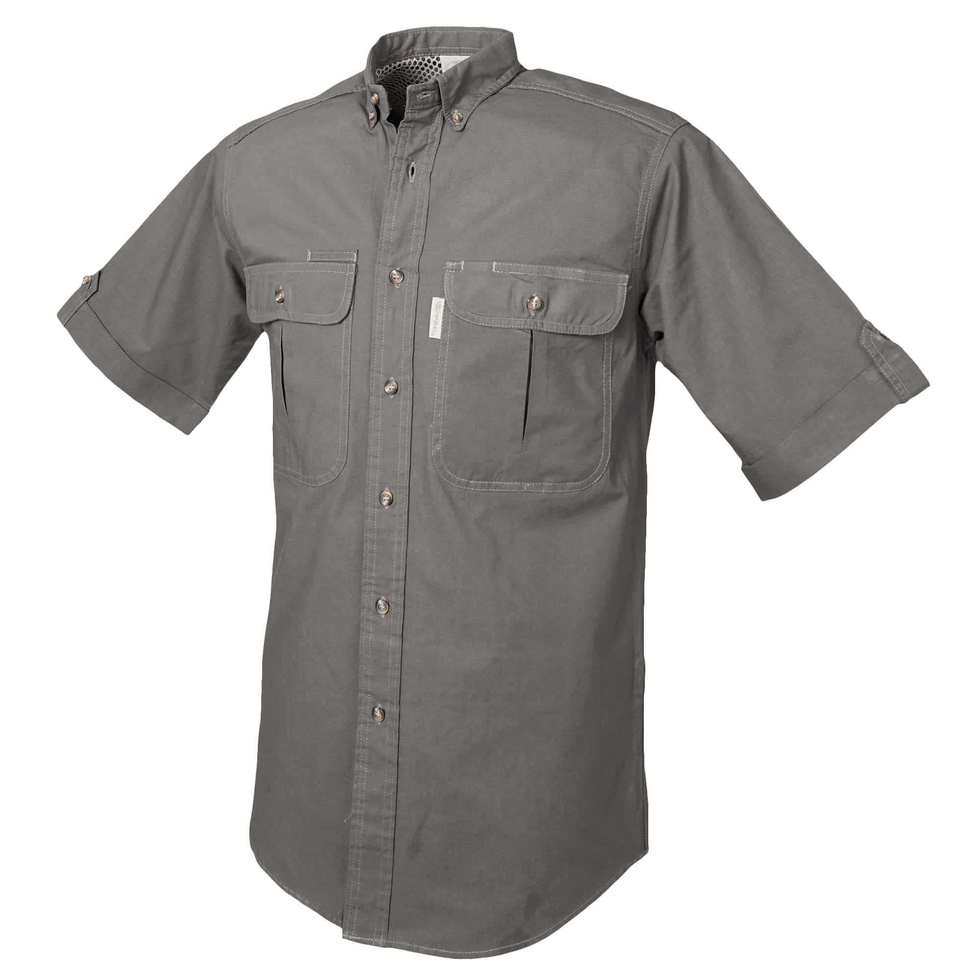 Gray short-sleeve shirt with two front pockets on a white background