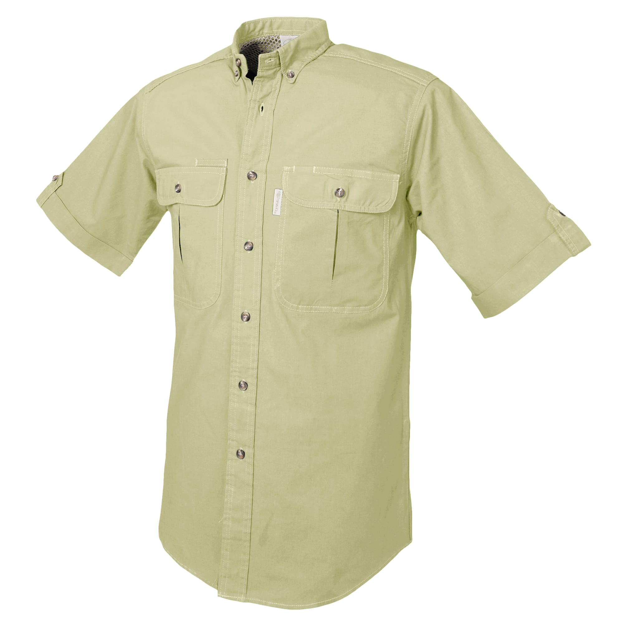 Light green short-sleeve shirt with two front pockets on a white background