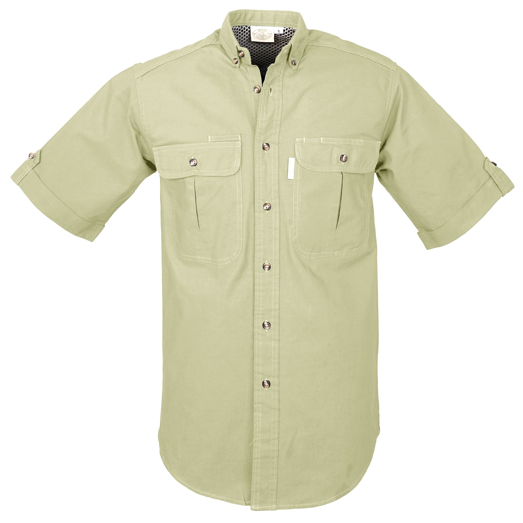 Light green short-sleeve shirt with two front pockets on a white background