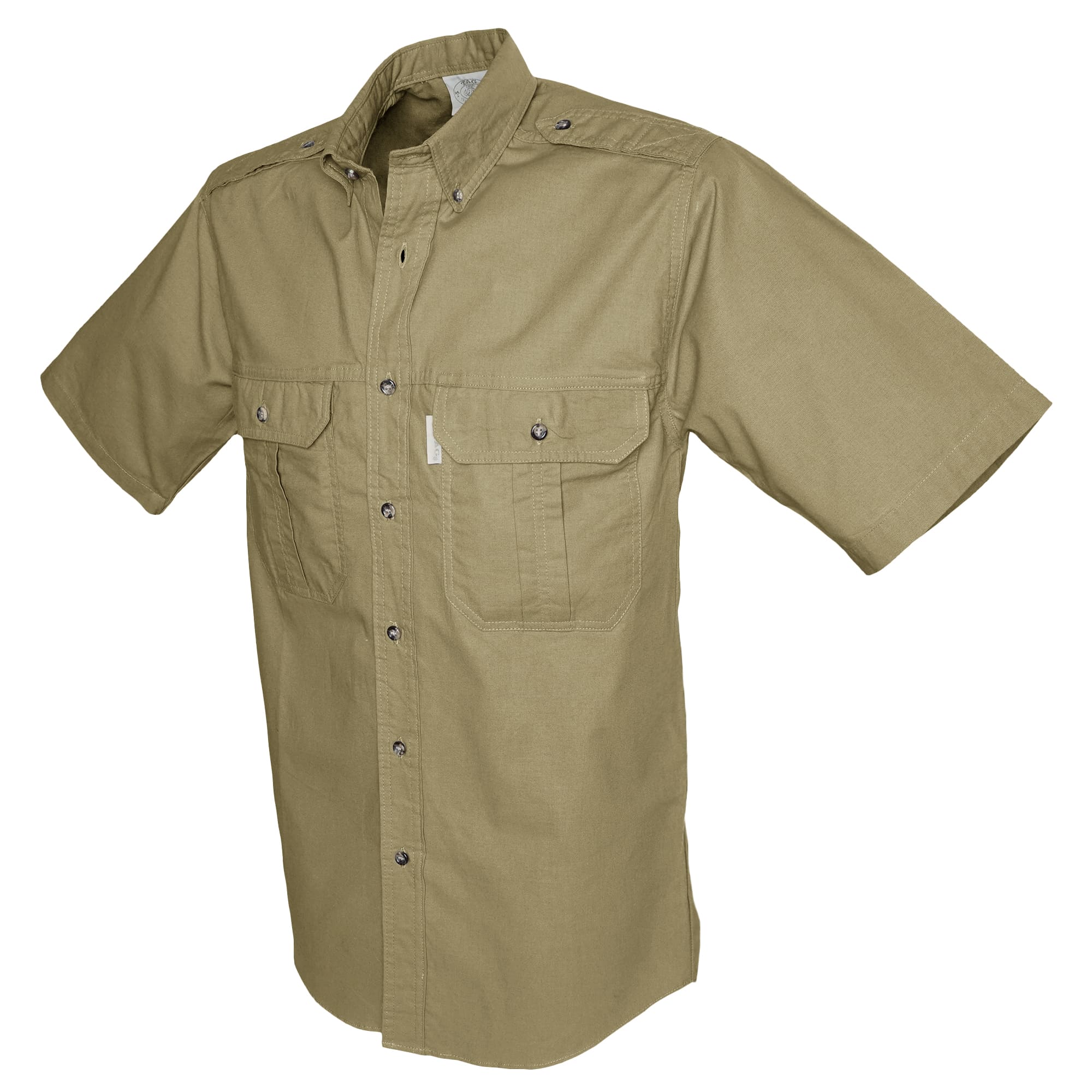 Khaki short-sleeve shirt with button details on a white background