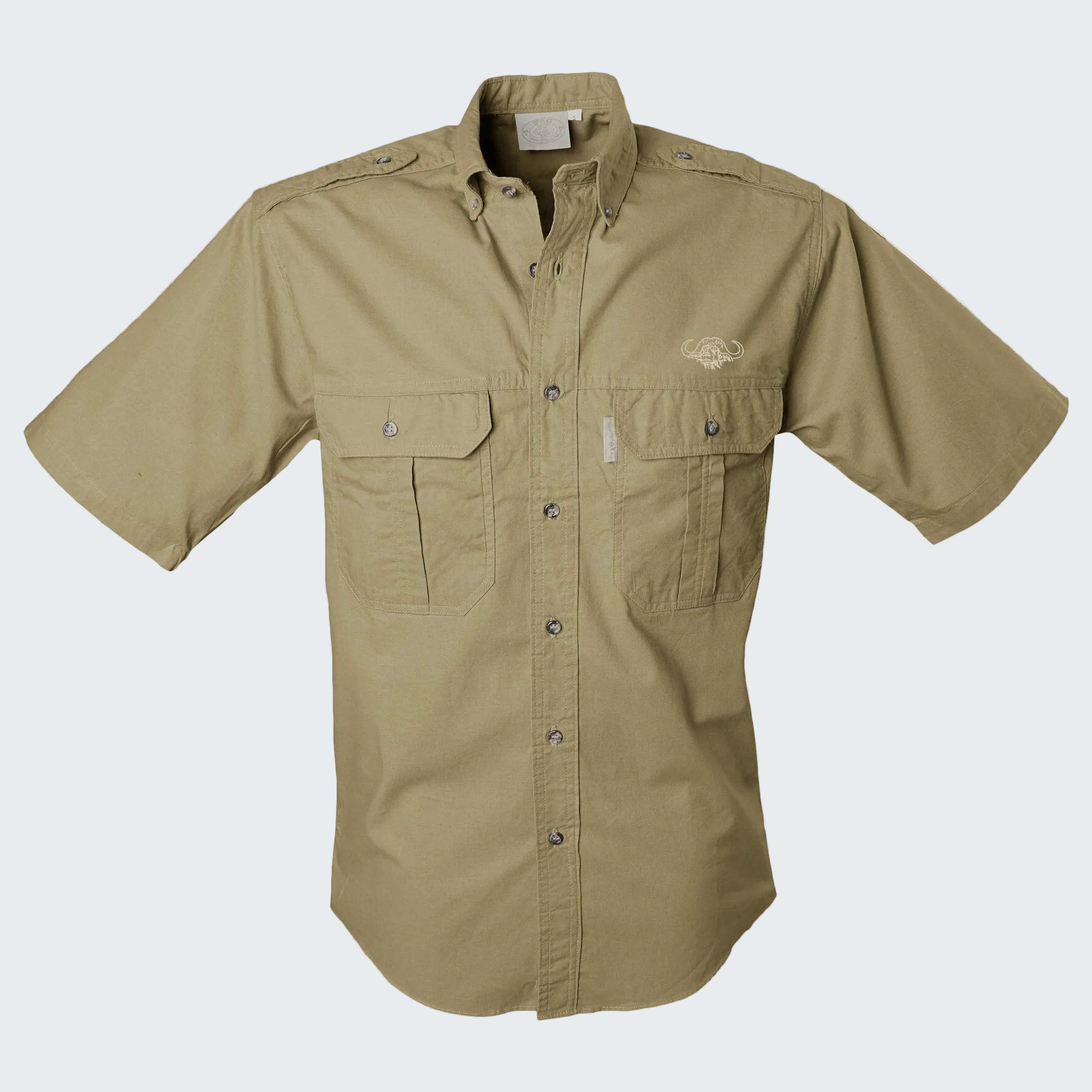 Beige short-sleeve shirt with pockets on a white background